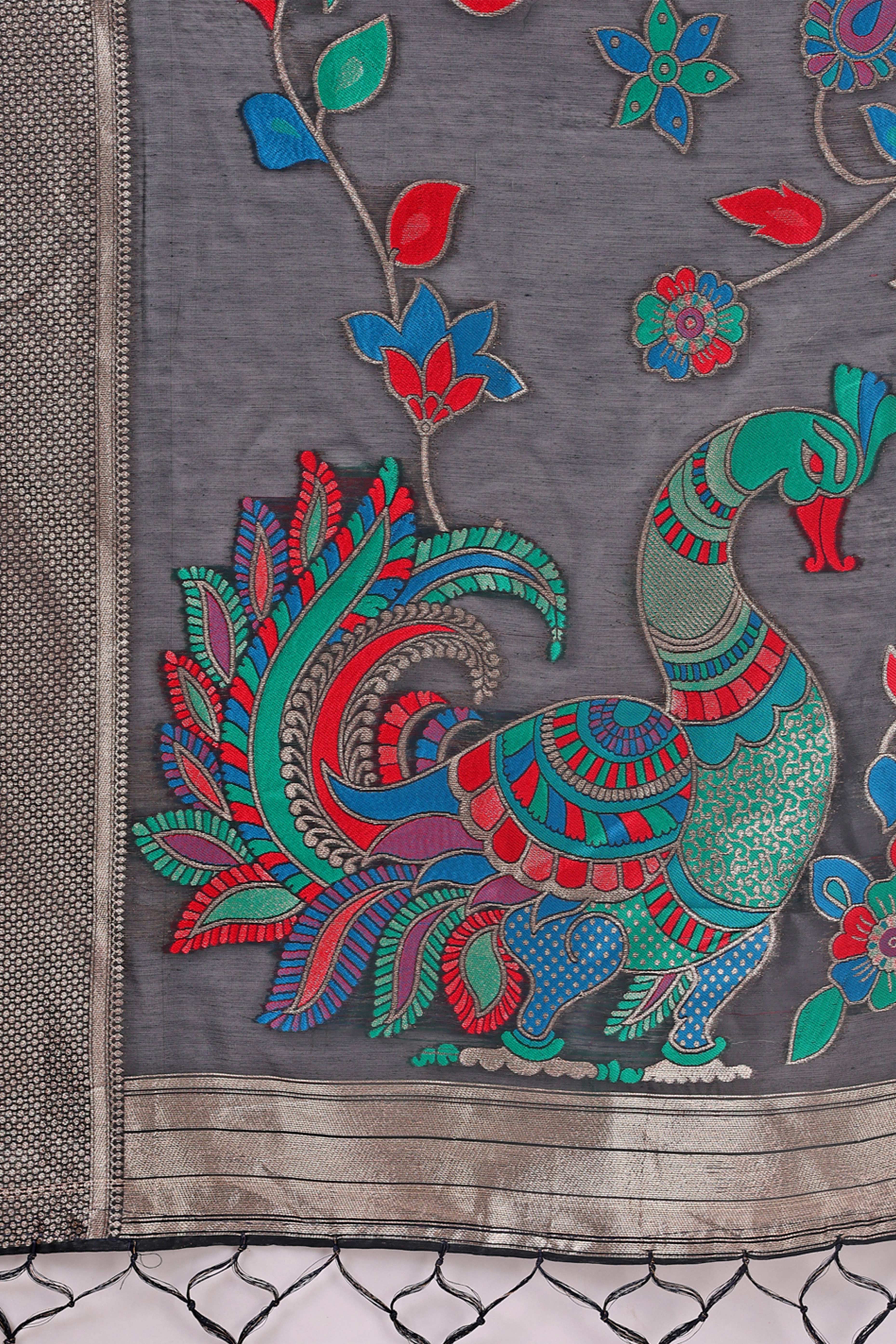 Black Floral Woven Linen Cotton Saree Accented With Peacock Motif Pallu & Zari Border