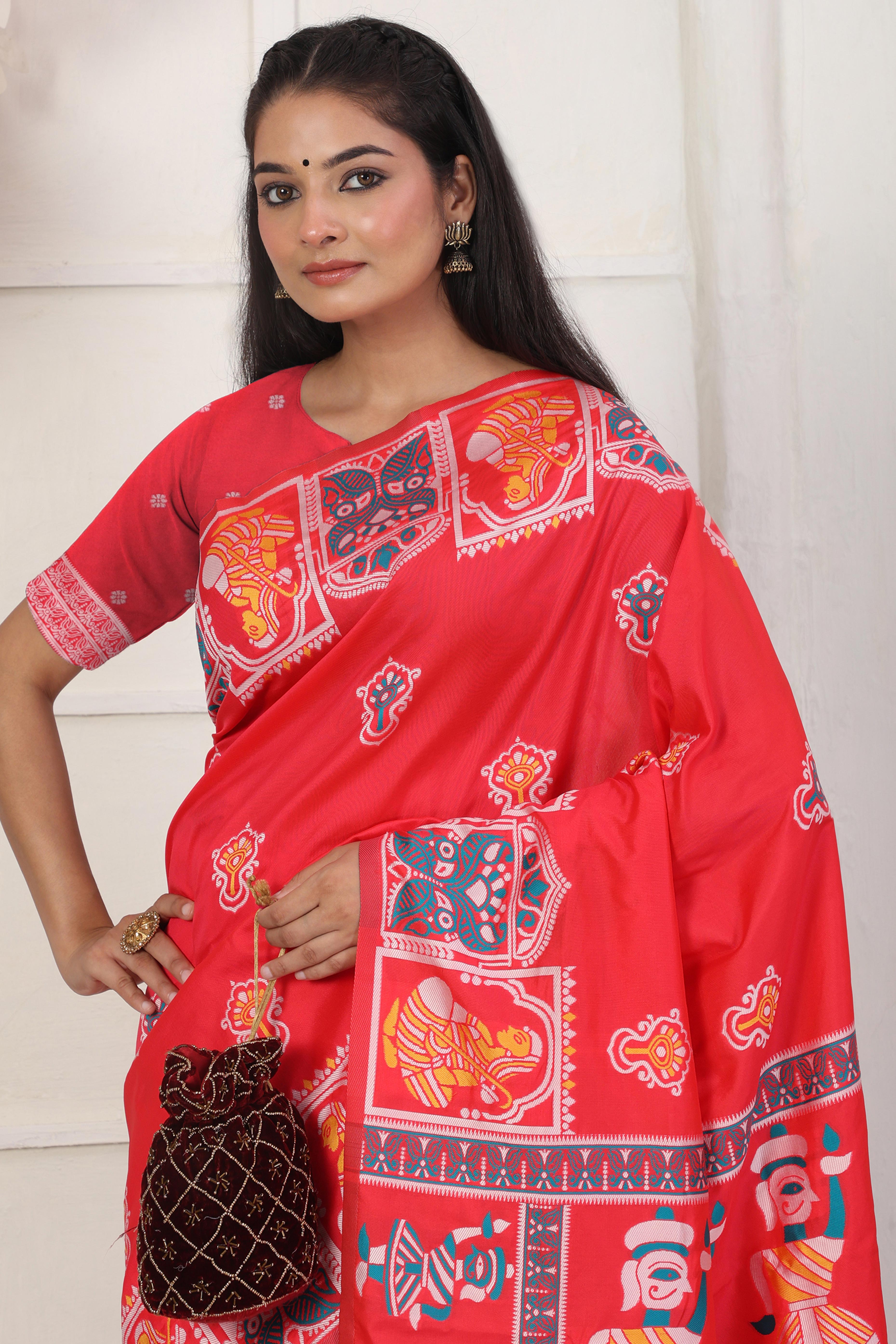 Red Ethnic Madhubani Print Silk Blend Saree Enhanced With Tassel Pallu Accents