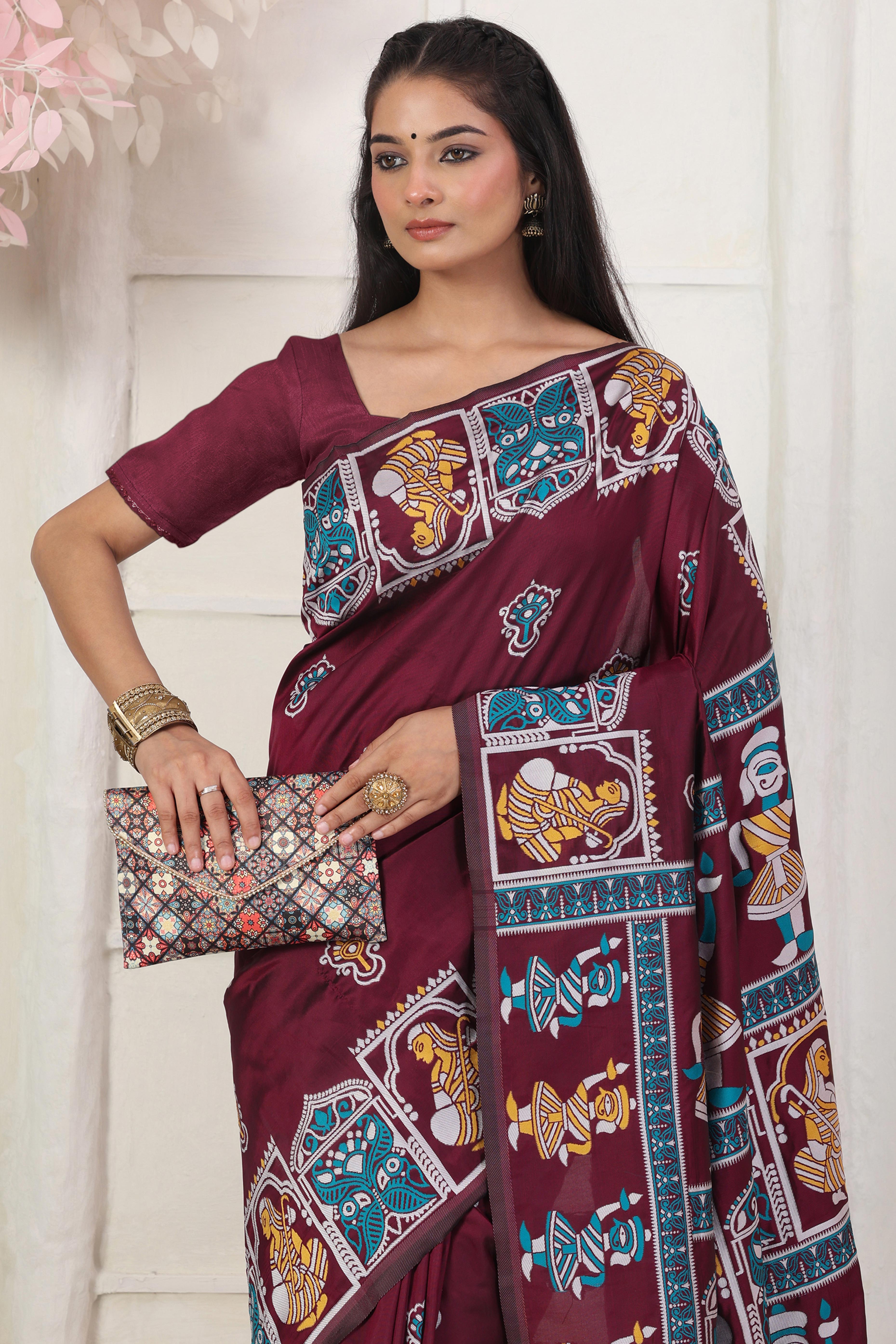 Dark Wine Ethnic Madhubani Print Silk Blend Saree Enhanced With Tassel Pallu Accents