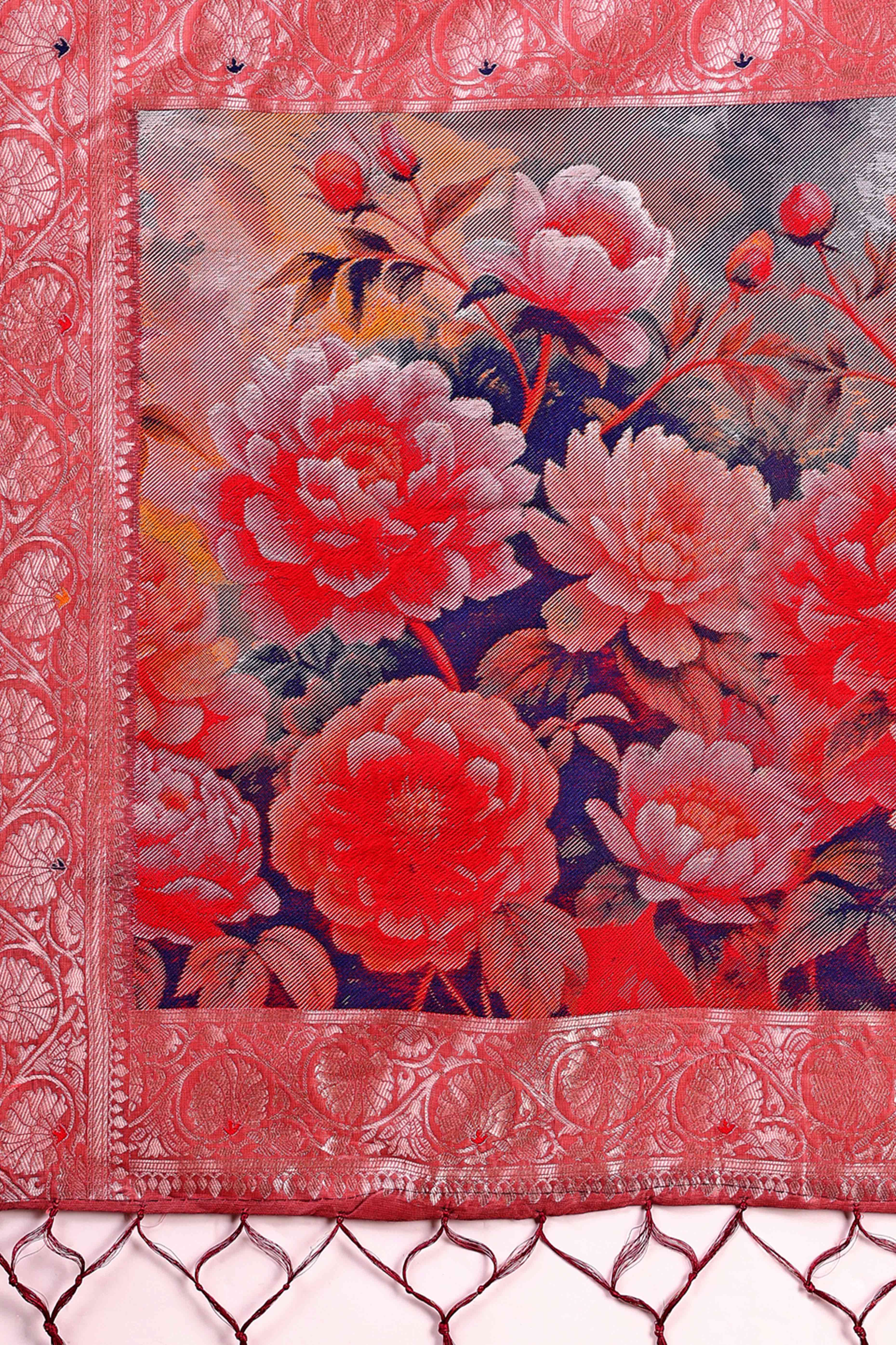 Deep Rose Pink Linen Cotton Silk Saree Adorned With Intricate Floral Zari Weaving & Tassel Pallu