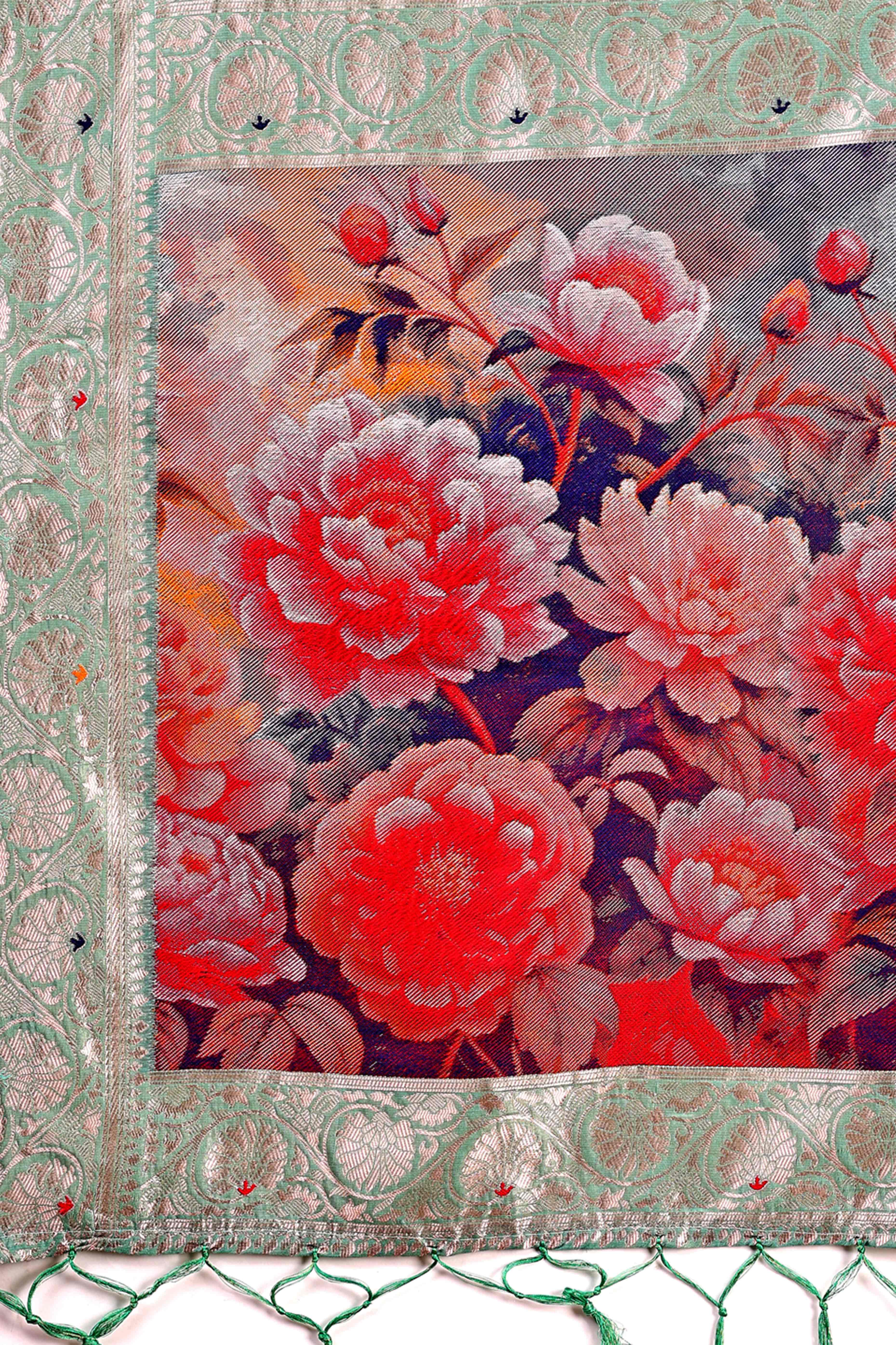 Turquoise Linen Cotton Silk Saree Adorned With Intricate Floral Zari Weaving & Tassel Pallu