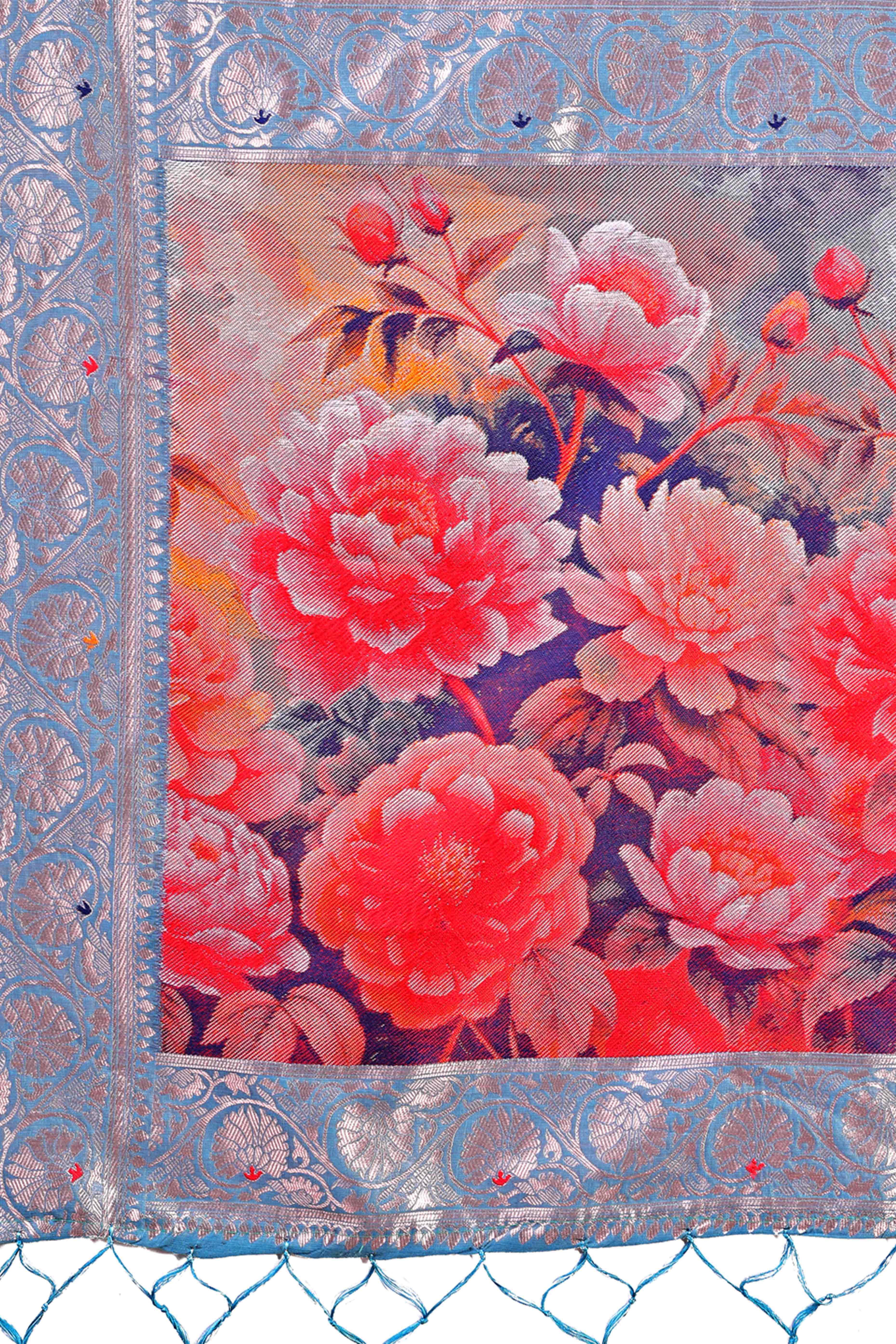 Sky Blue Linen Cotton Silk Saree Adorned With Intricate Floral Zari Weaving & Tassel Pallu