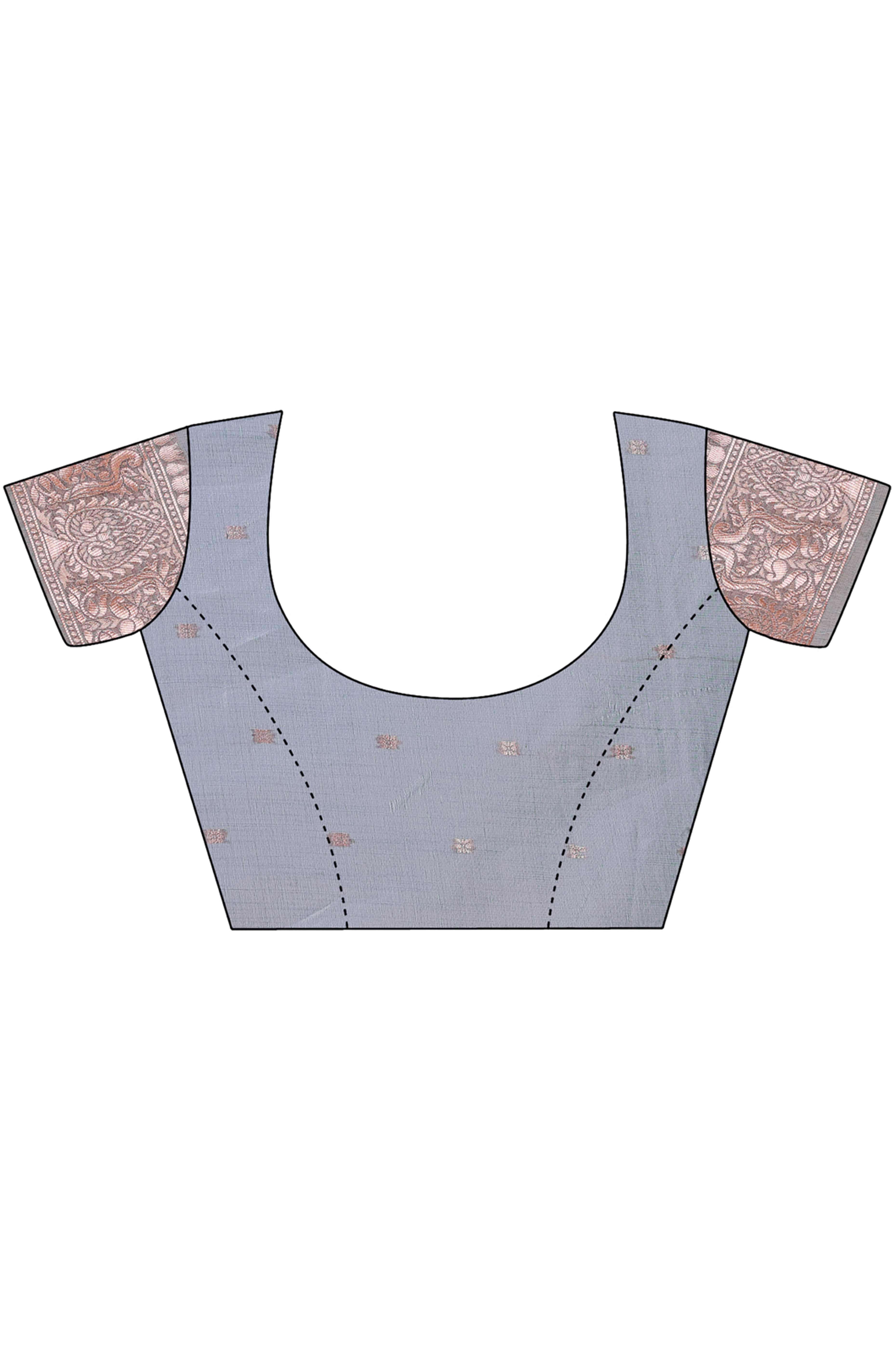 Grey Linen Cotton Saree With Floral Zari Weaving & Delicate Tassel Border