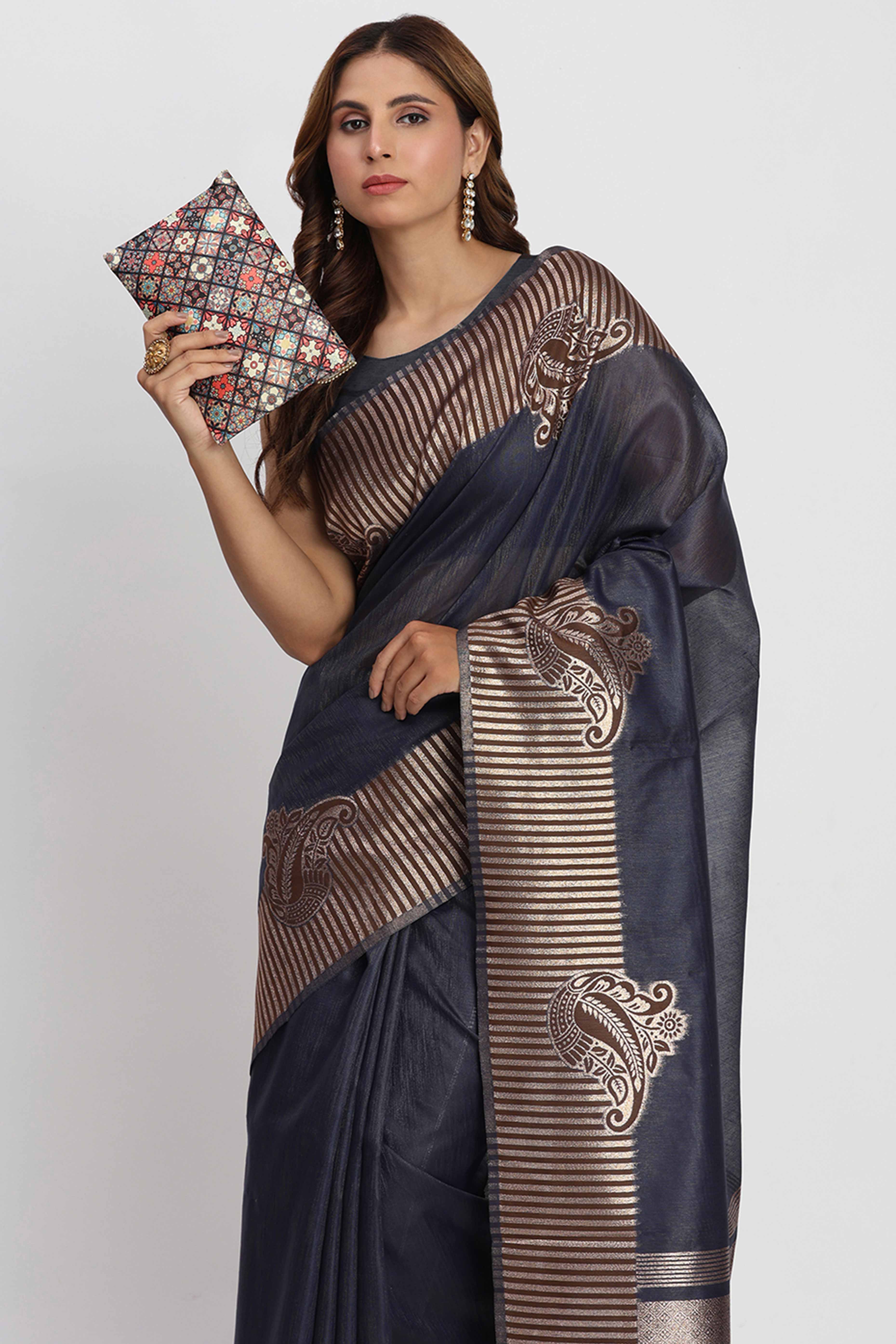 Linen Cotton Saree in Navy Blue Hue Featuring Rich Zari Weaving