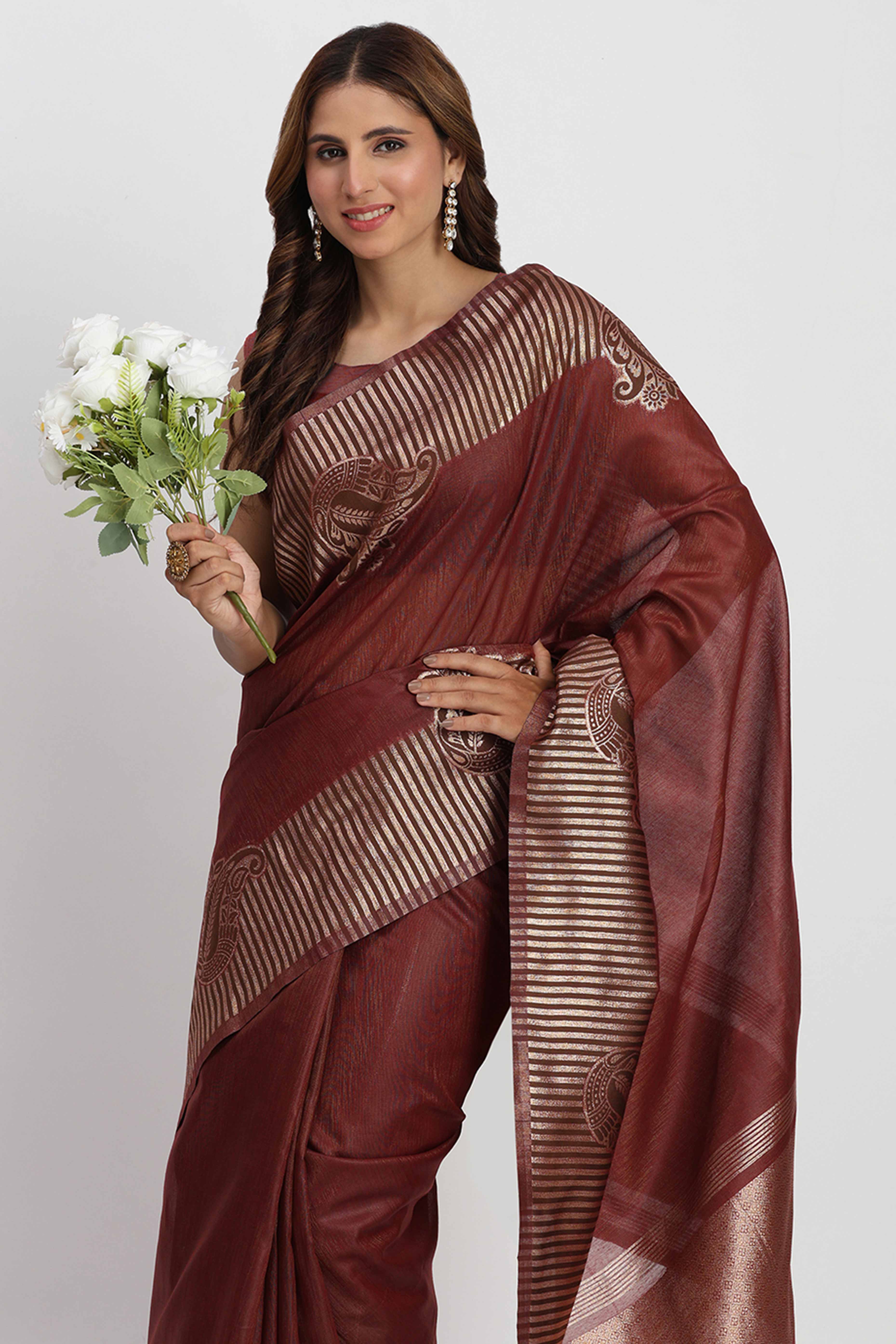 Linen Cotton Saree in Maroon Hue Featuring Rich Zari Weaving