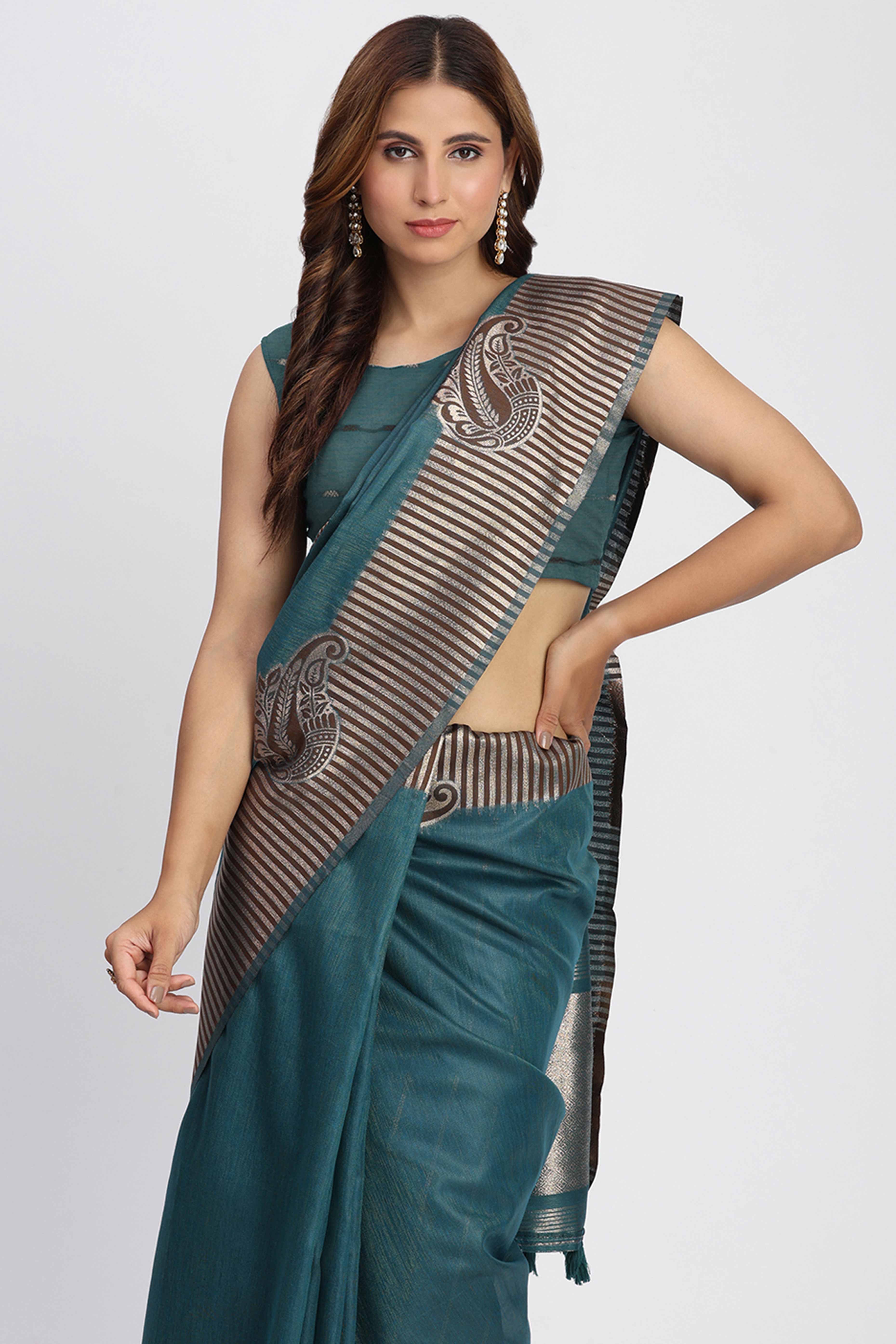 Linen Cotton Saree in Teal Hue Featuring Rich Zari Weaving