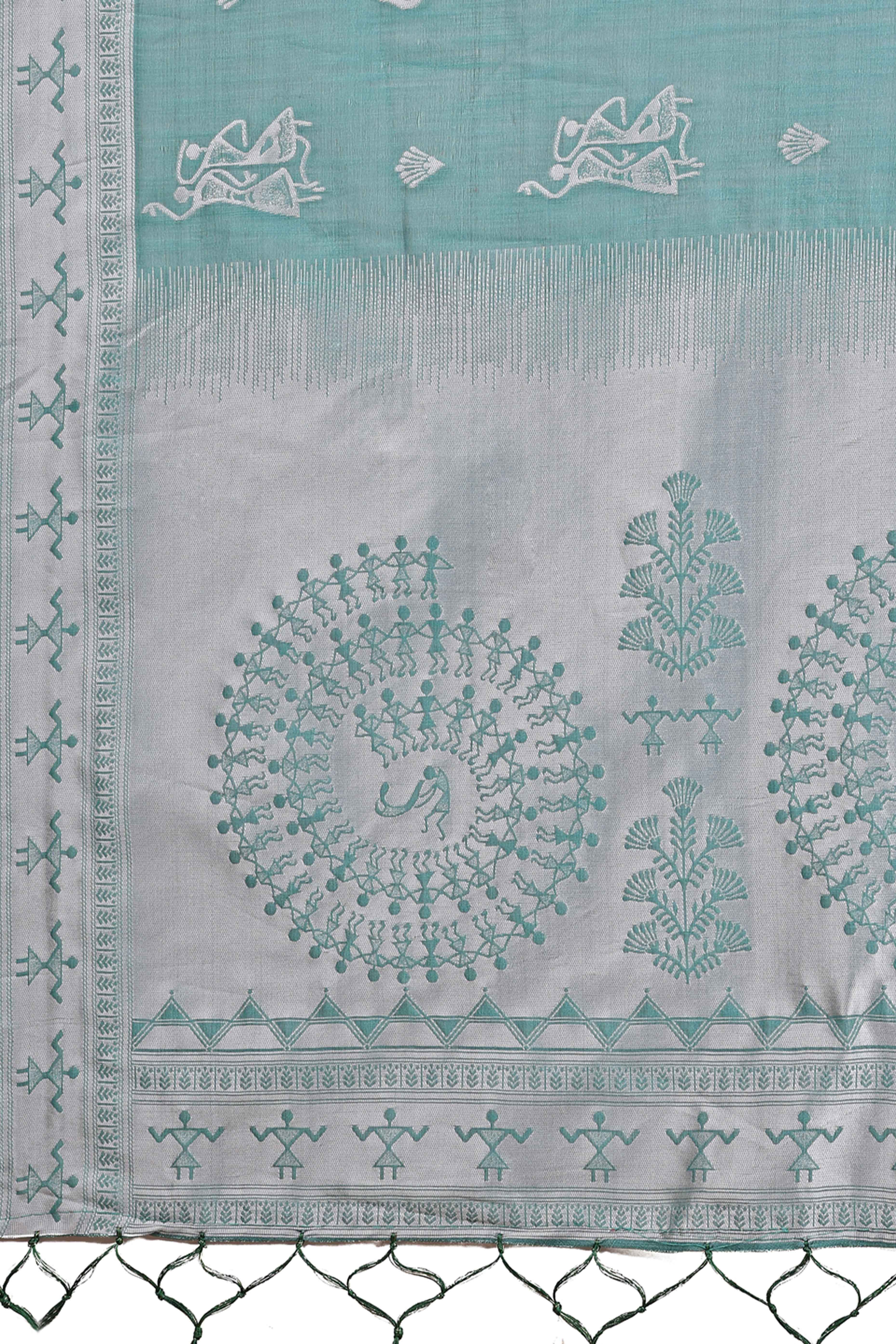 Sea Green Ethnic Saree in Soft Linen Cotton Fabric Featuring Warli Art Weaving