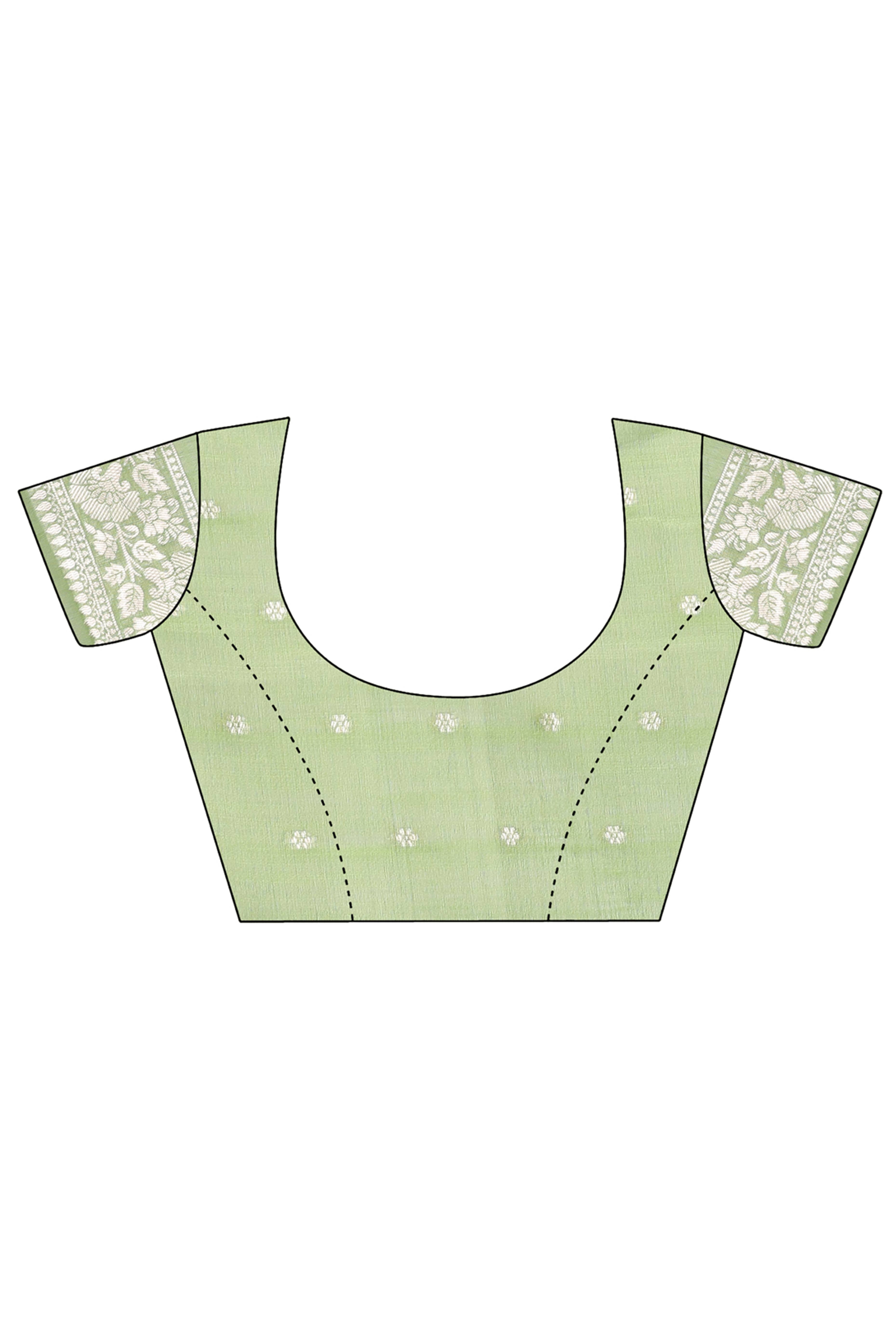 Light Green Cotton Blend Saree with Banarasi Style Floral Artistry and Tassels