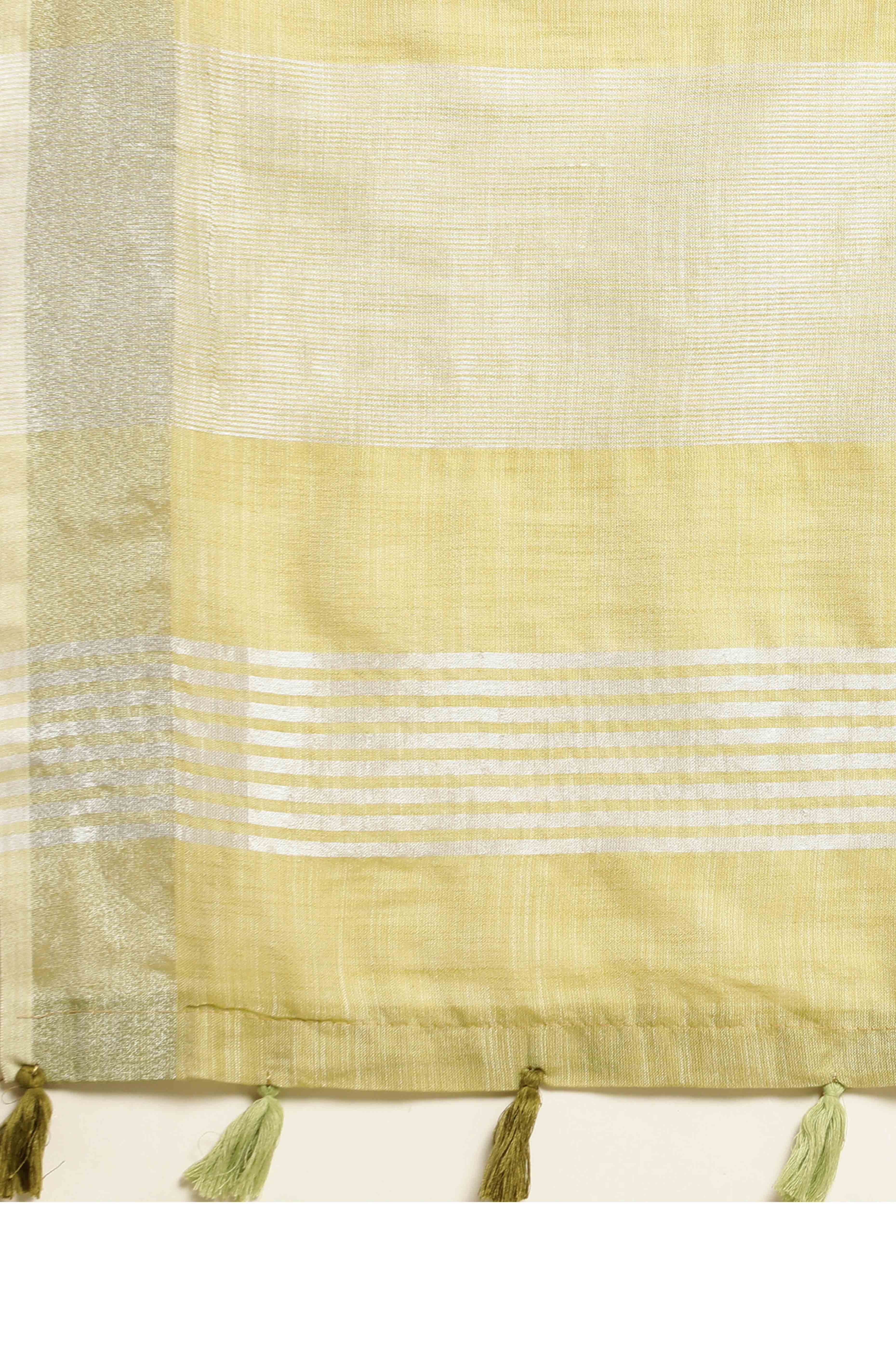 Olive Green Linen Saree Adorned With Silver Zari Weaving Border & Pallu