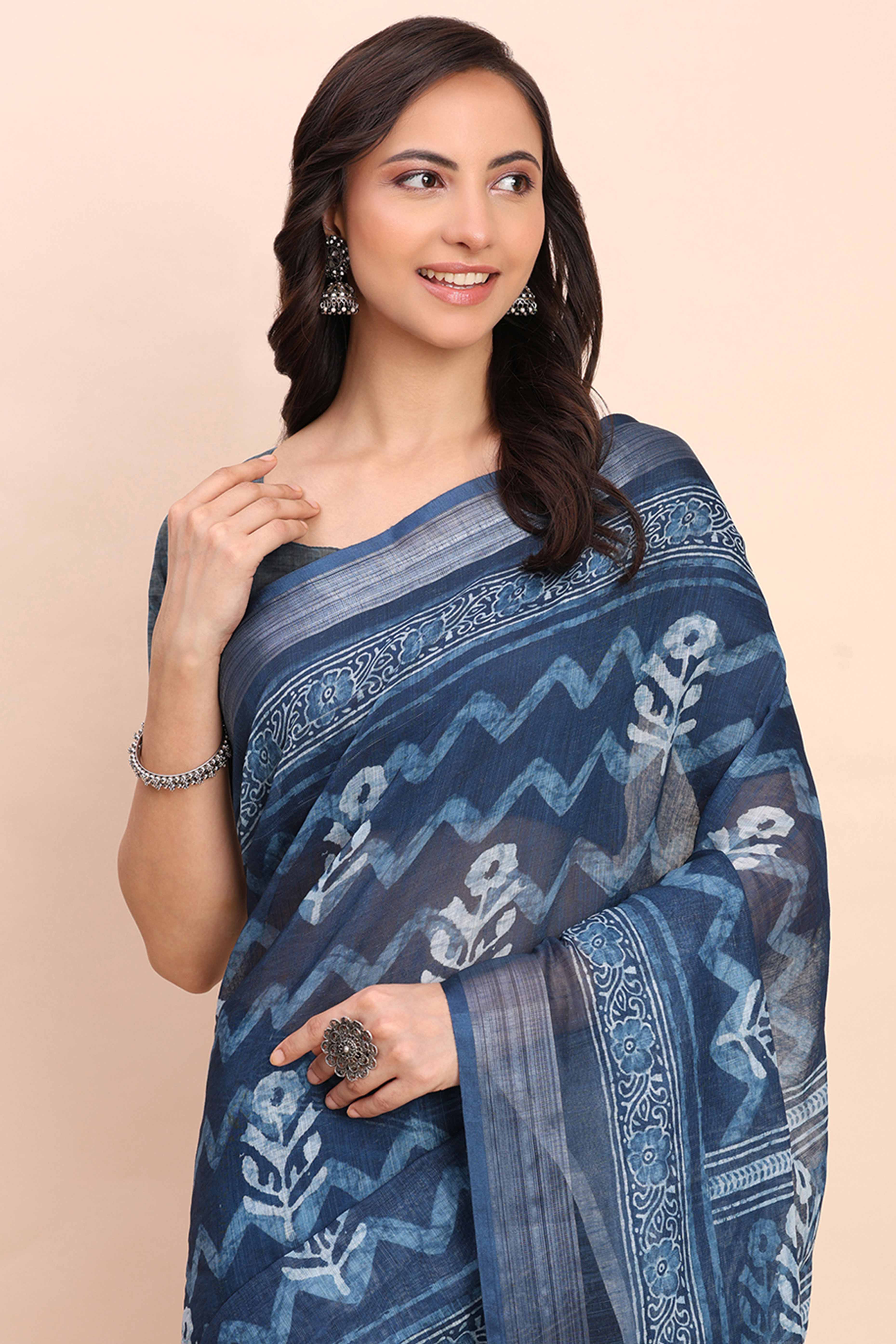 Indigo Blue Linen Cotton Saree Featuring Floral Prints & Woven Border