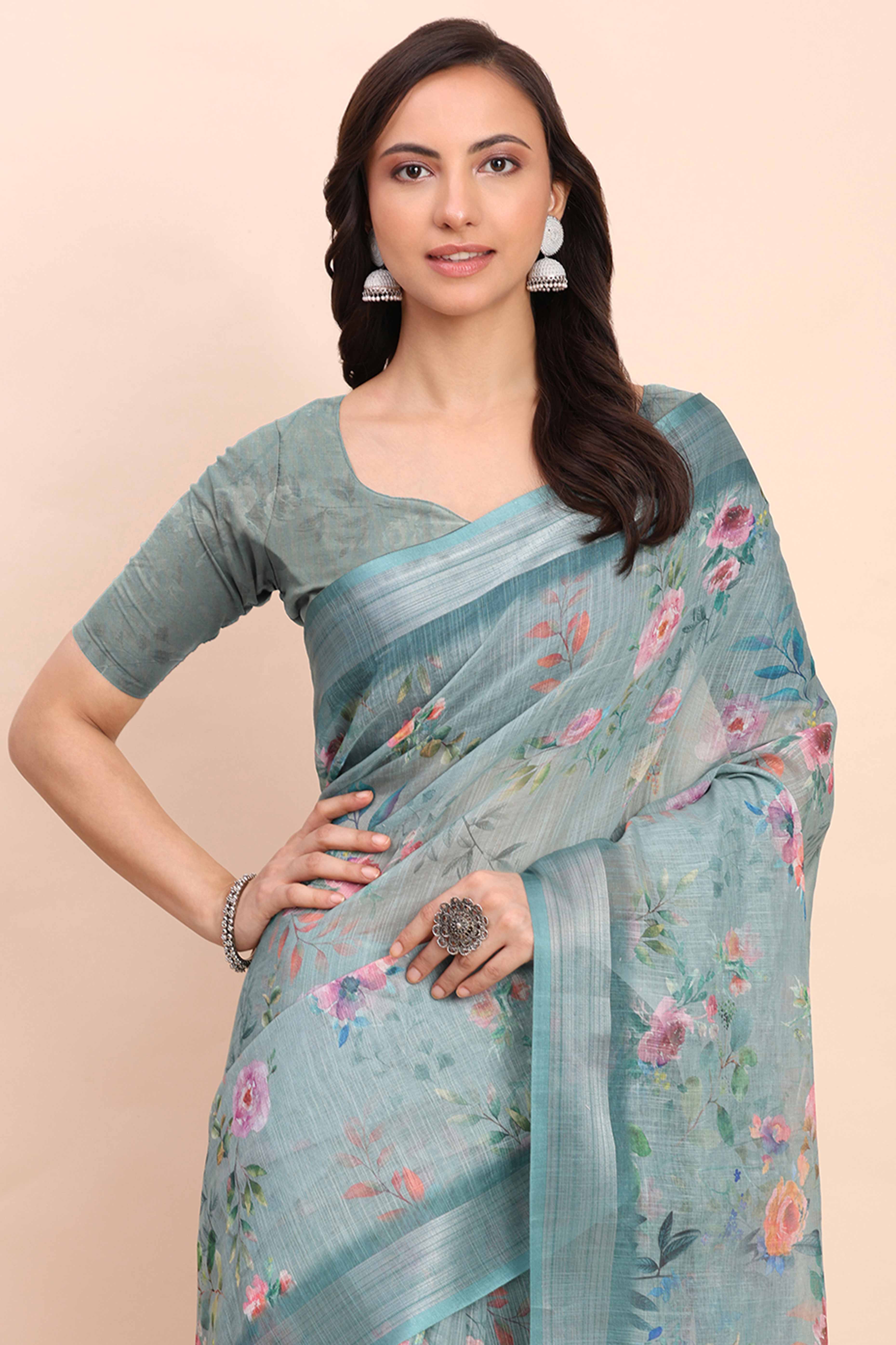 Sea Green Linen Saree with Intricate Silver Weaving
