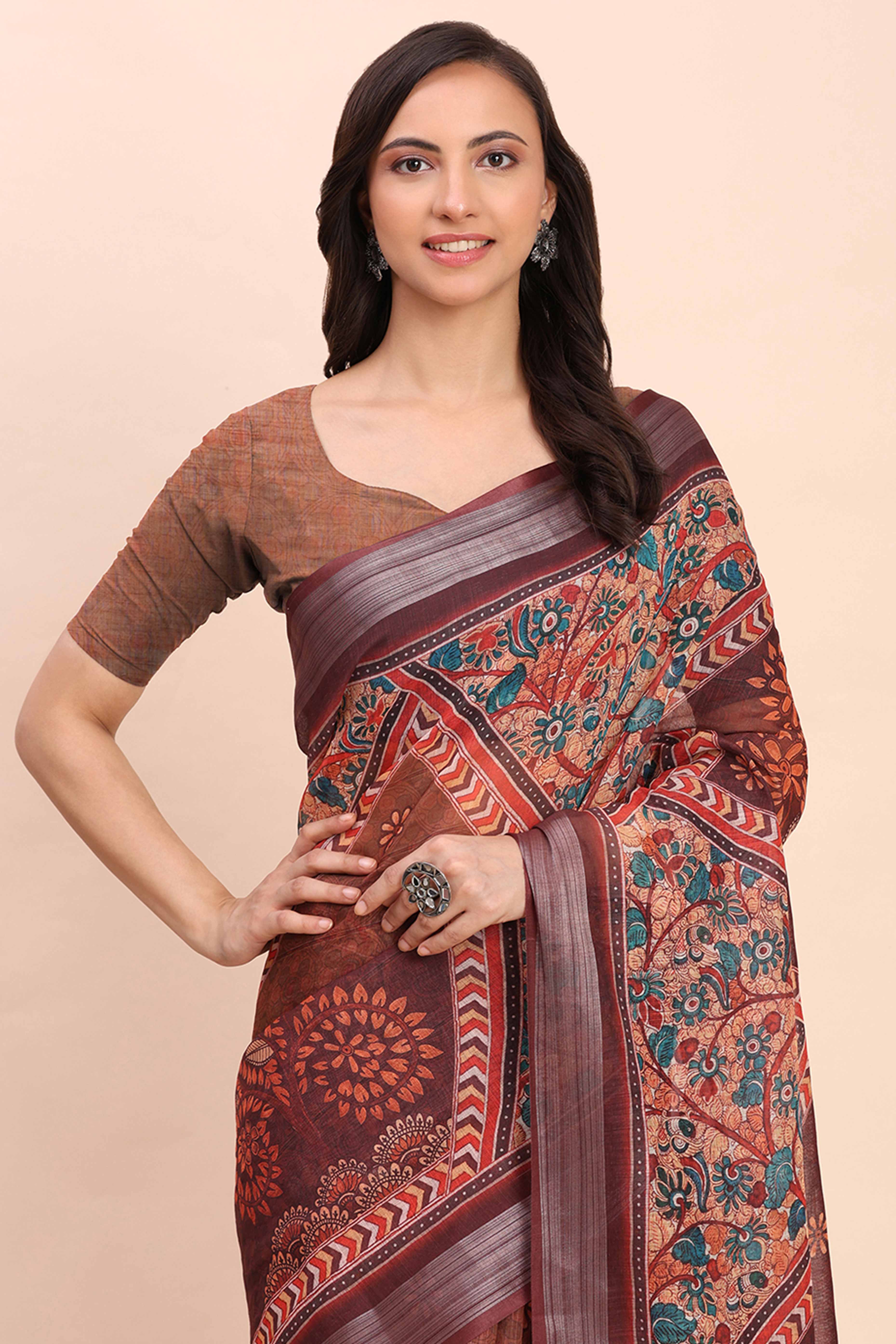 Brown Linen Saree with Intricate Silver Weaving