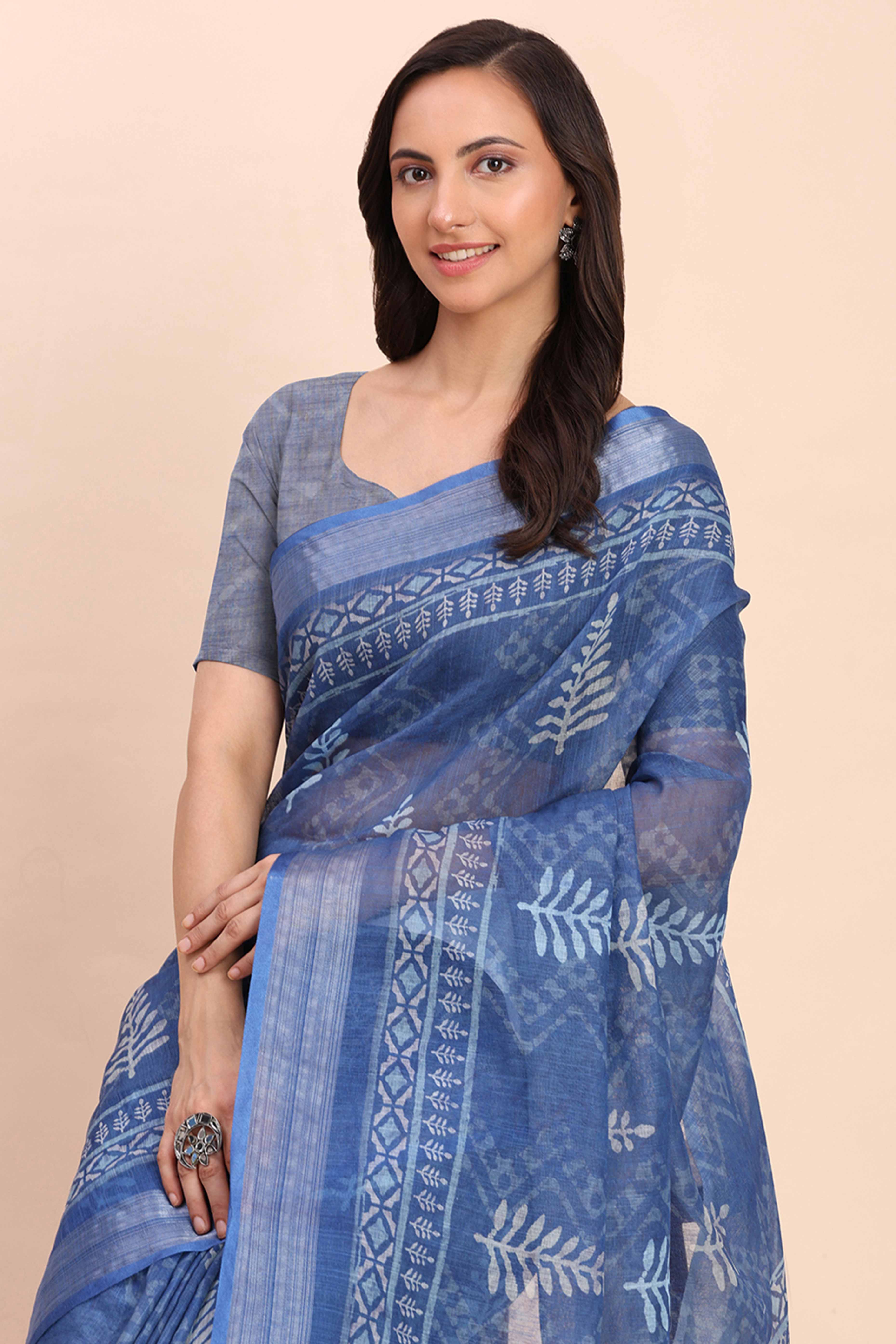 Indigo Blue Linen Saree with Intricate Silver Weaving