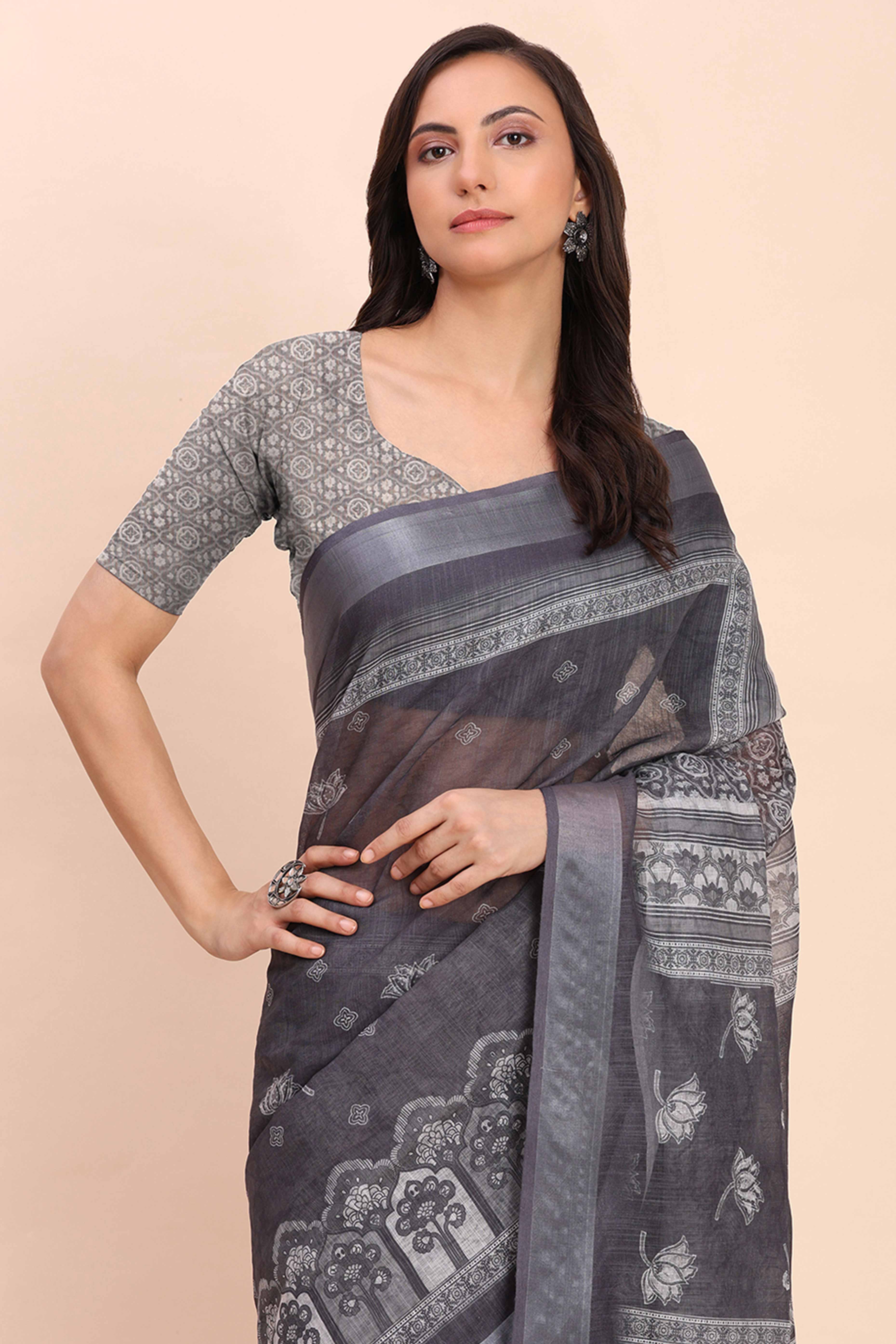 Grey Linen Saree with Intricate Silver Weaving