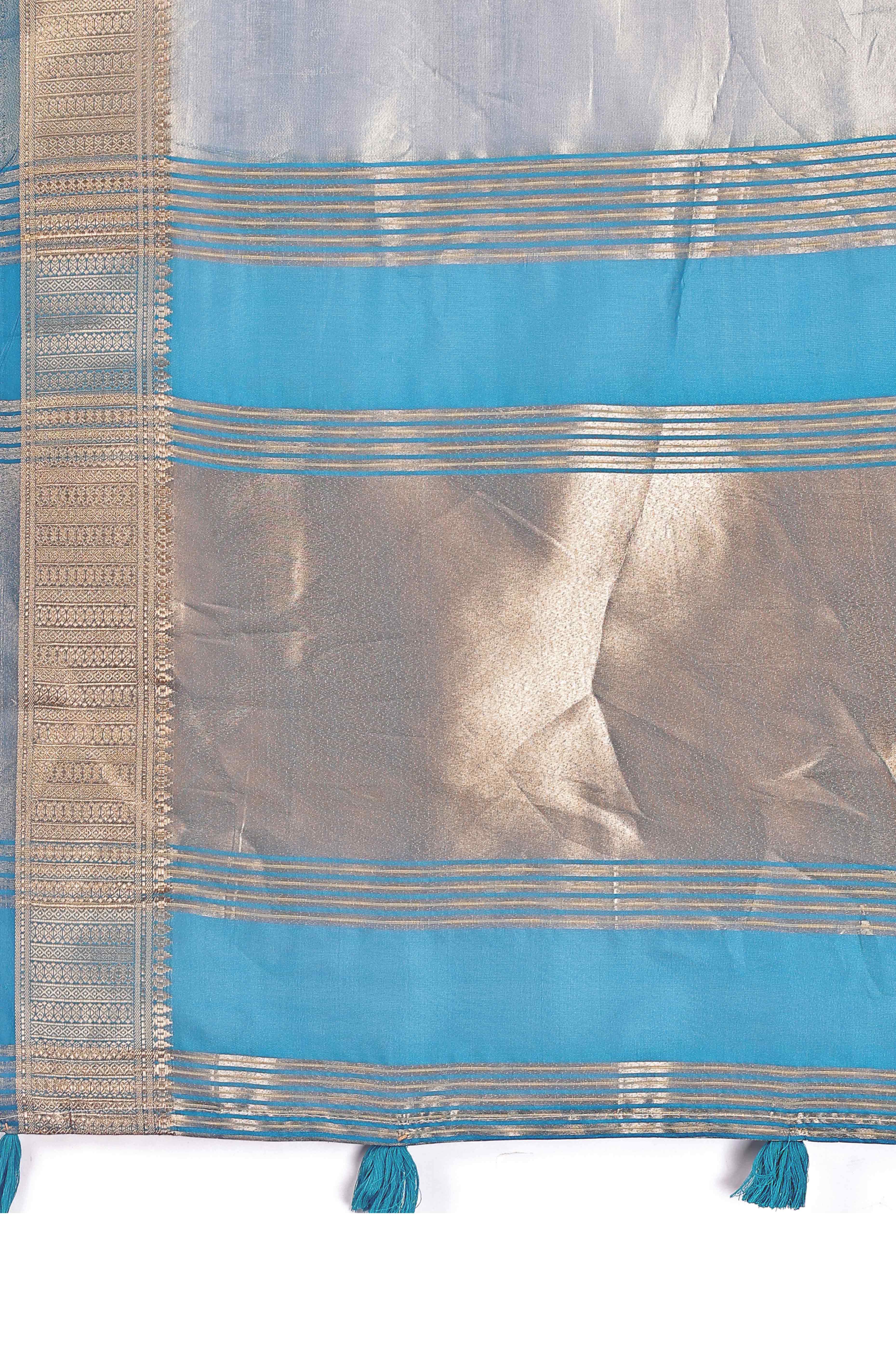 Greyish Blue Organza Solid Saree With Lustrous Zari Weave &  Delicate Tassels