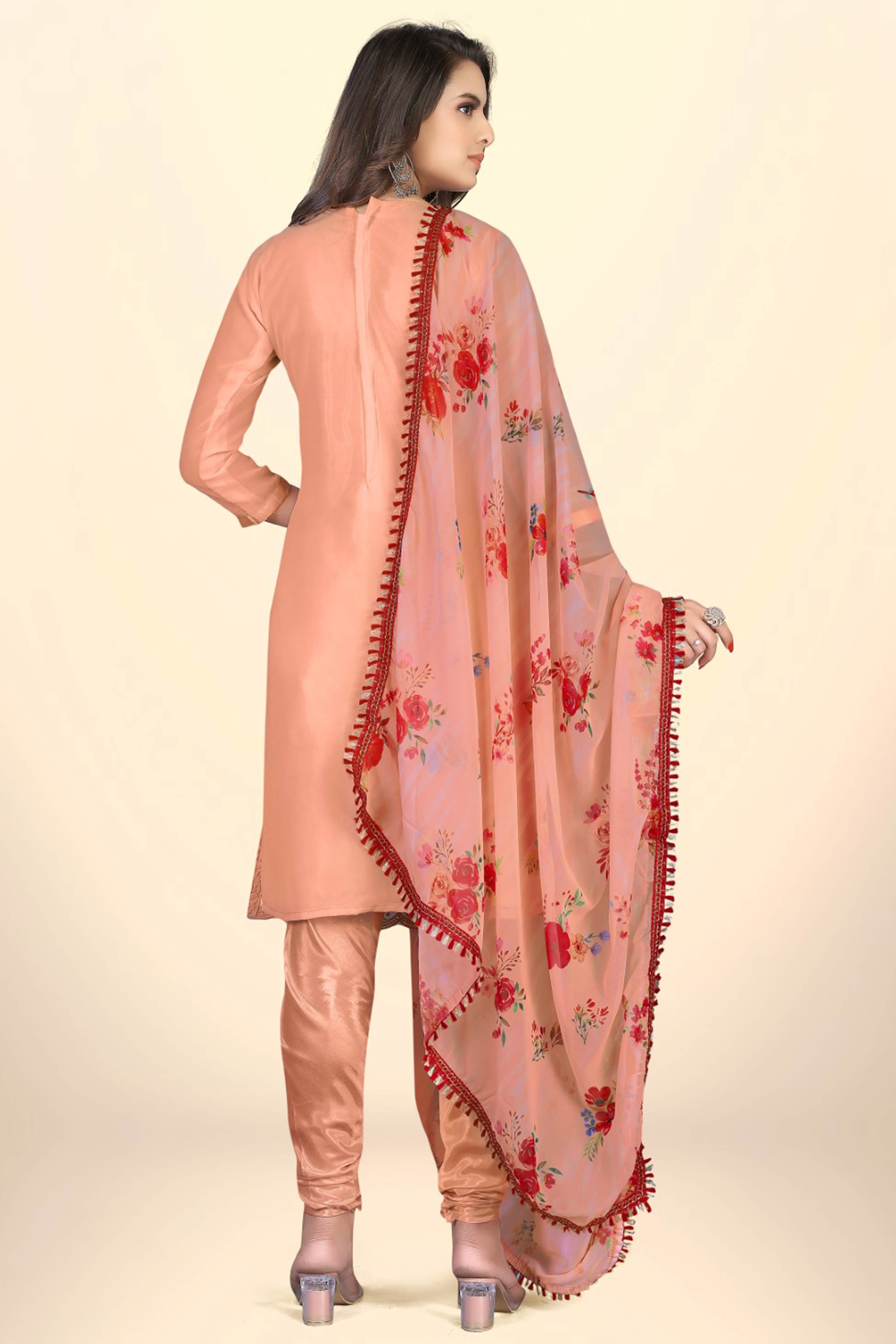 Peach Georgette Dress Material With Intricate Floral Thread Embroidery