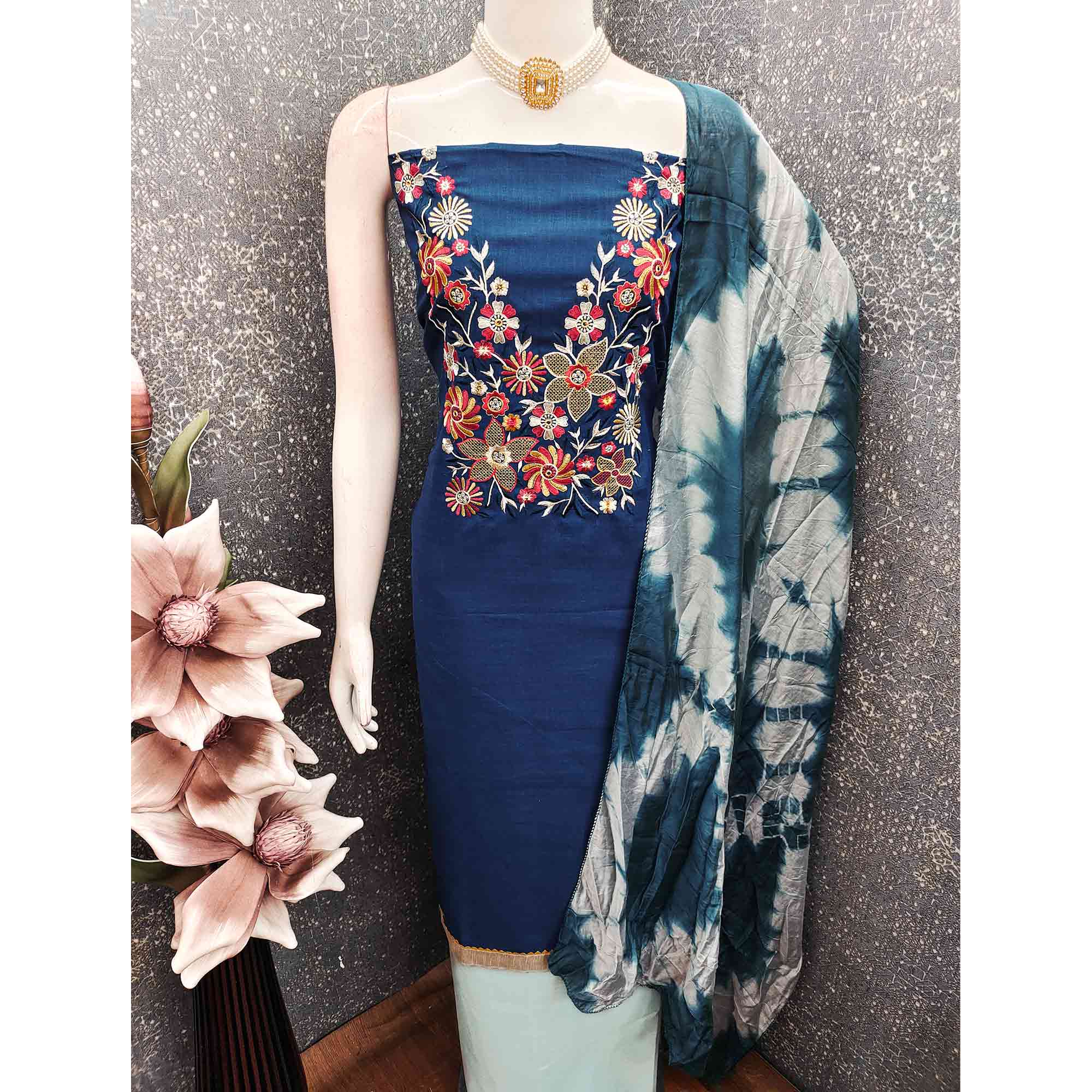 Elegant Blue Floral Thread Embroidered Cotton Blend Dress Material With Gota Patti Work