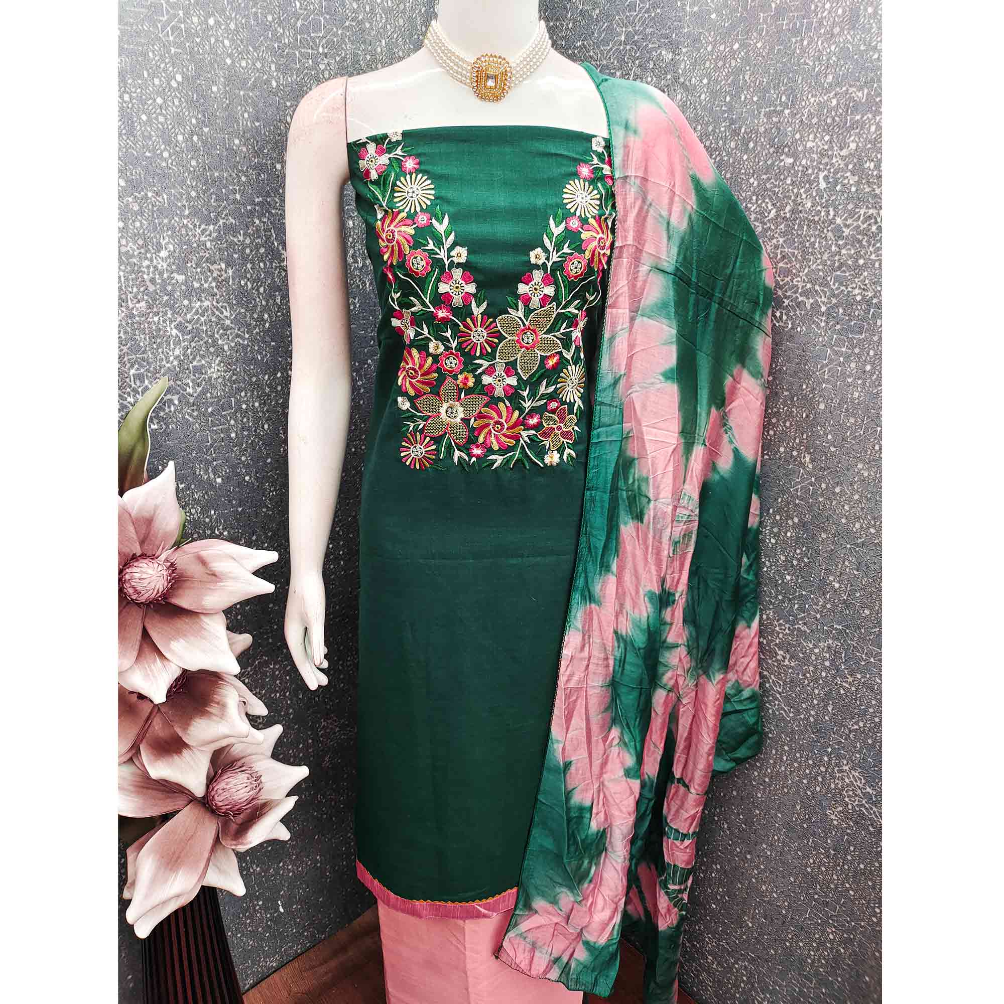Elegant Green Floral Thread Embroidered Cotton Blend Dress Material With Gota Patti Work