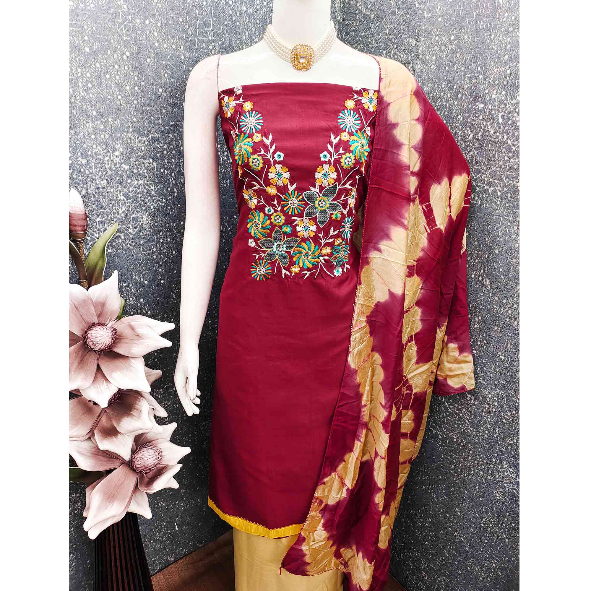 Elegant Maroon Floral Thread Embroidered Cotton Blend Dress Material With Gota Patti Work