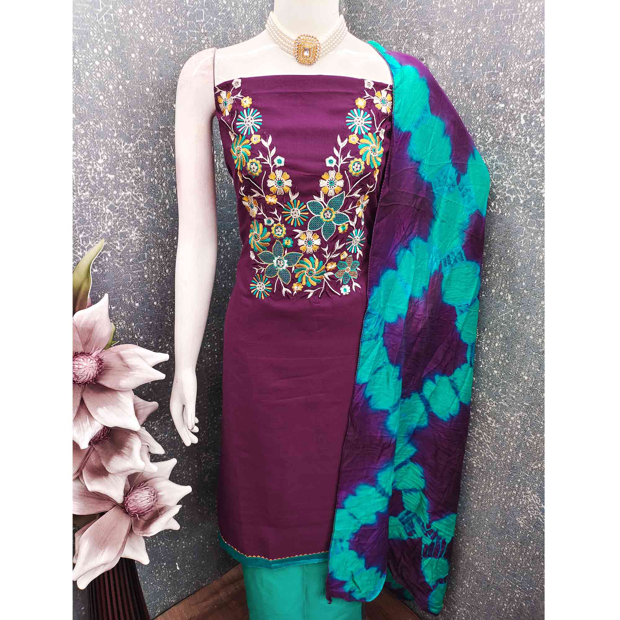 Elegant Purple Floral Thread Embroidered Cotton Blend Dress Material With Gota Patti Work