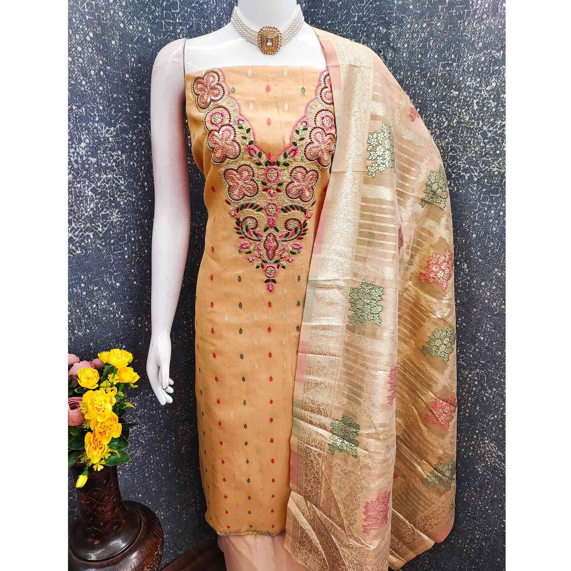 Stylish Peach Floral Cording Embroidered Shimmer Dress Material Enhanced With Butti Weaving Work
