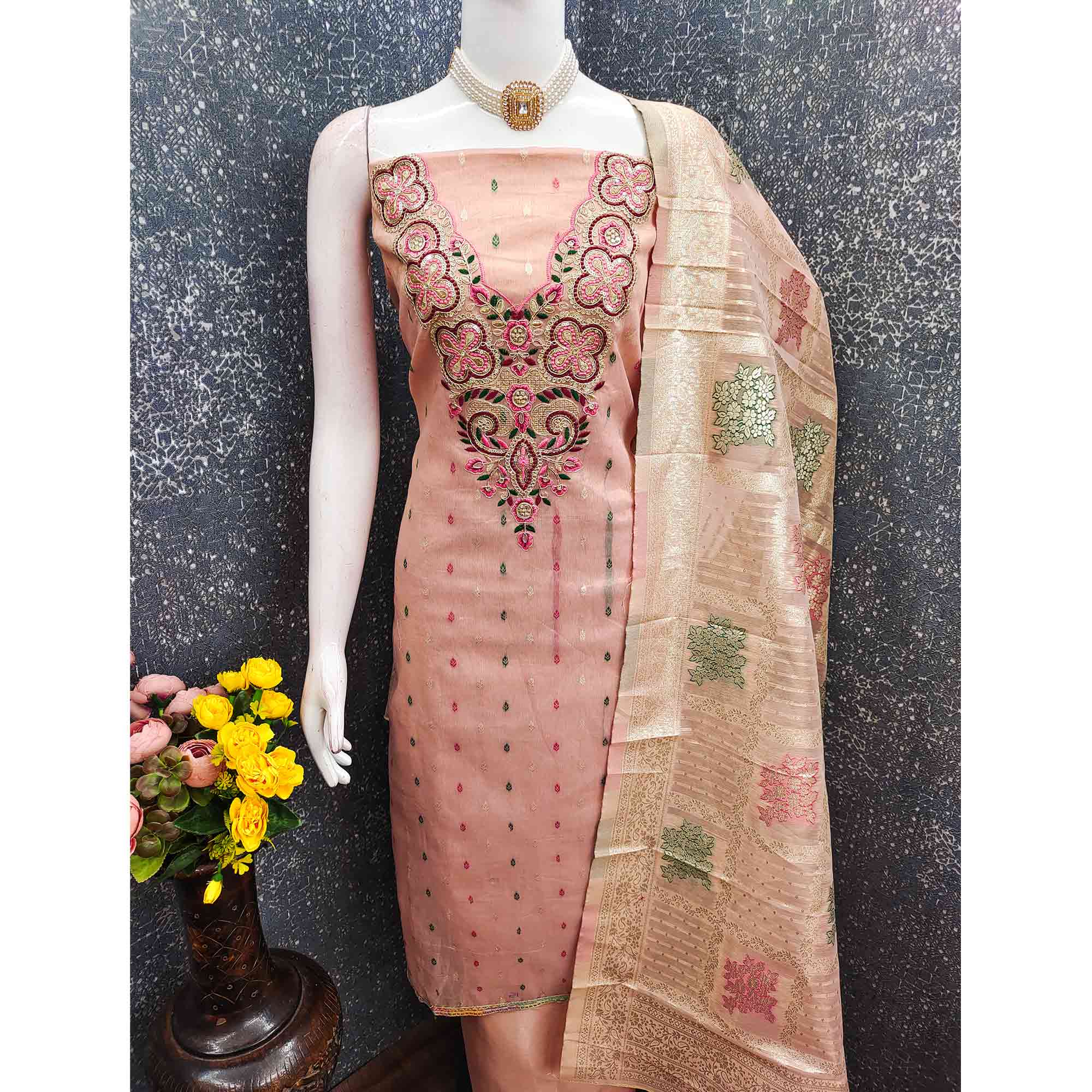 Stylish Pink Floral Cording Embroidered Shimmer Dress Material Enhanced With Butti Weaving Work