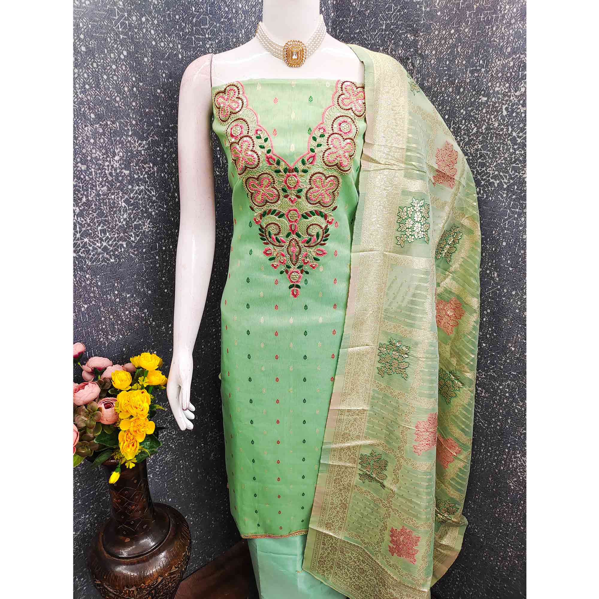 Stylish Sea Green Floral Cording Embroidered Shimmer Dress Material Enhanced With Butti Weaving