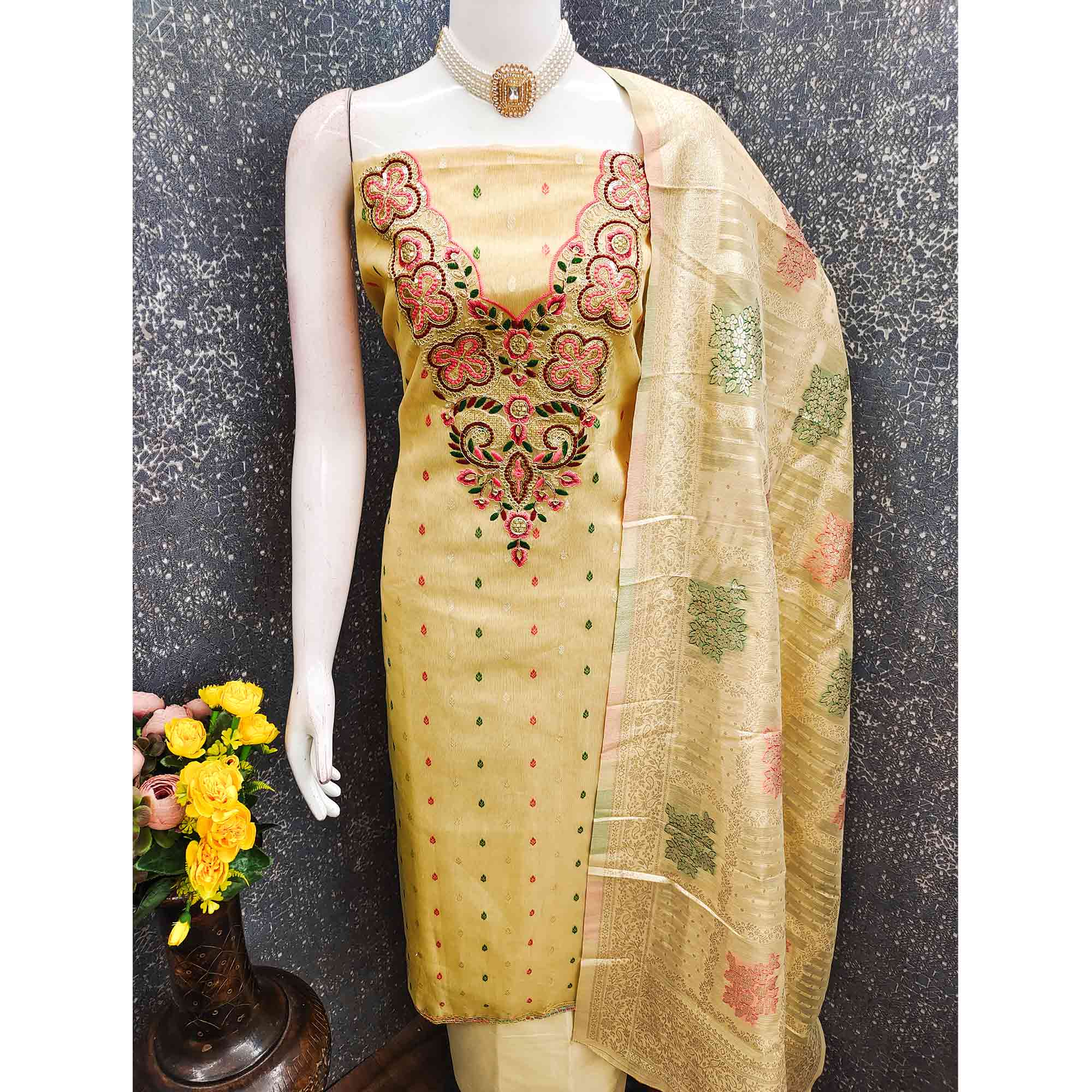 Stylish Yellow Floral Cording Embroidered Shimmer Dress Material Enhanced With Butti Weaving Work