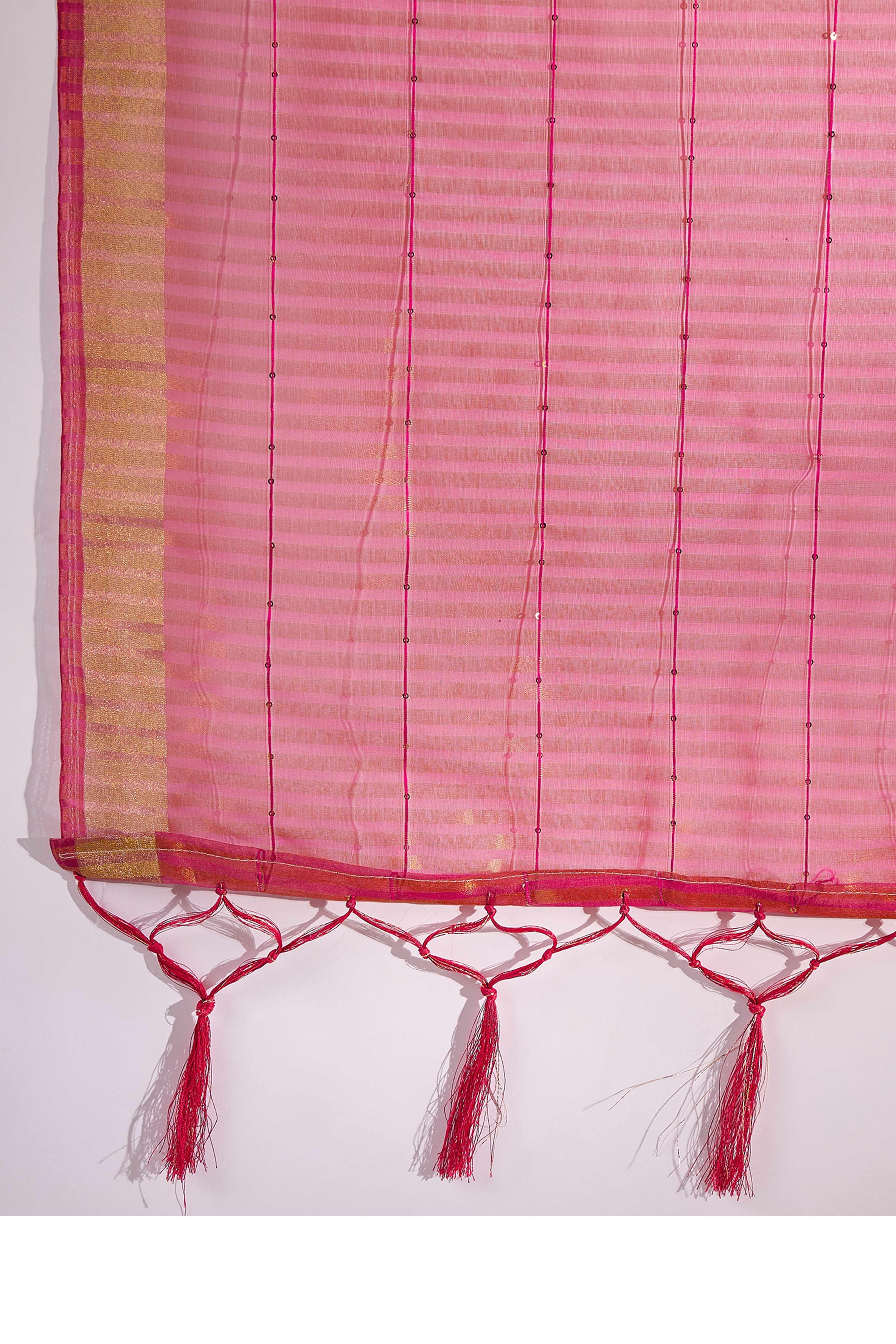 Pink Organza Silk Saree Featuring Shimmering Sequins Embroidery & Elegant Tasselled Pallu