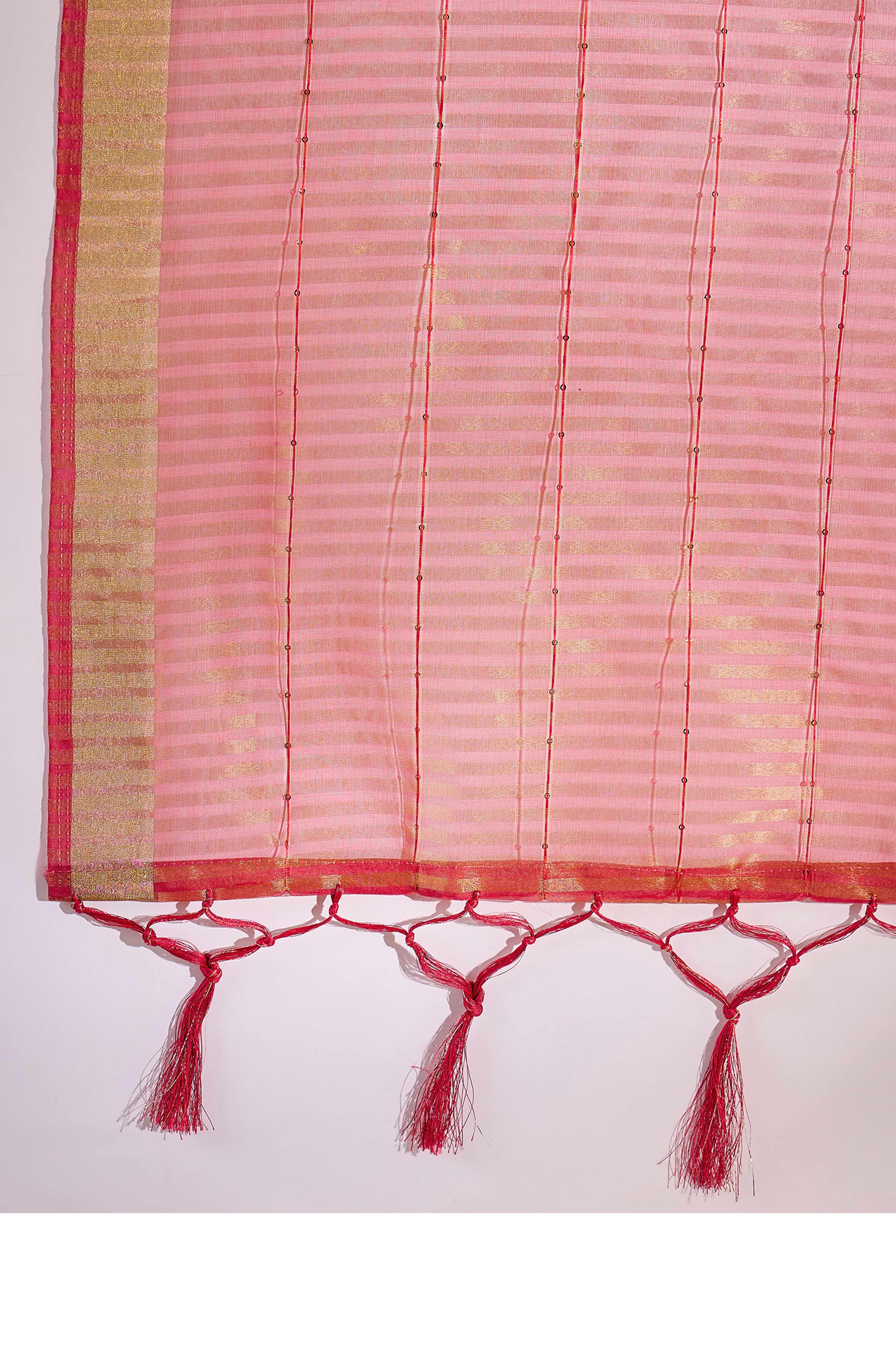 Red Organza Silk Saree Featuring Shimmering Sequins Embroidery & Elegant Tasselled Pallu