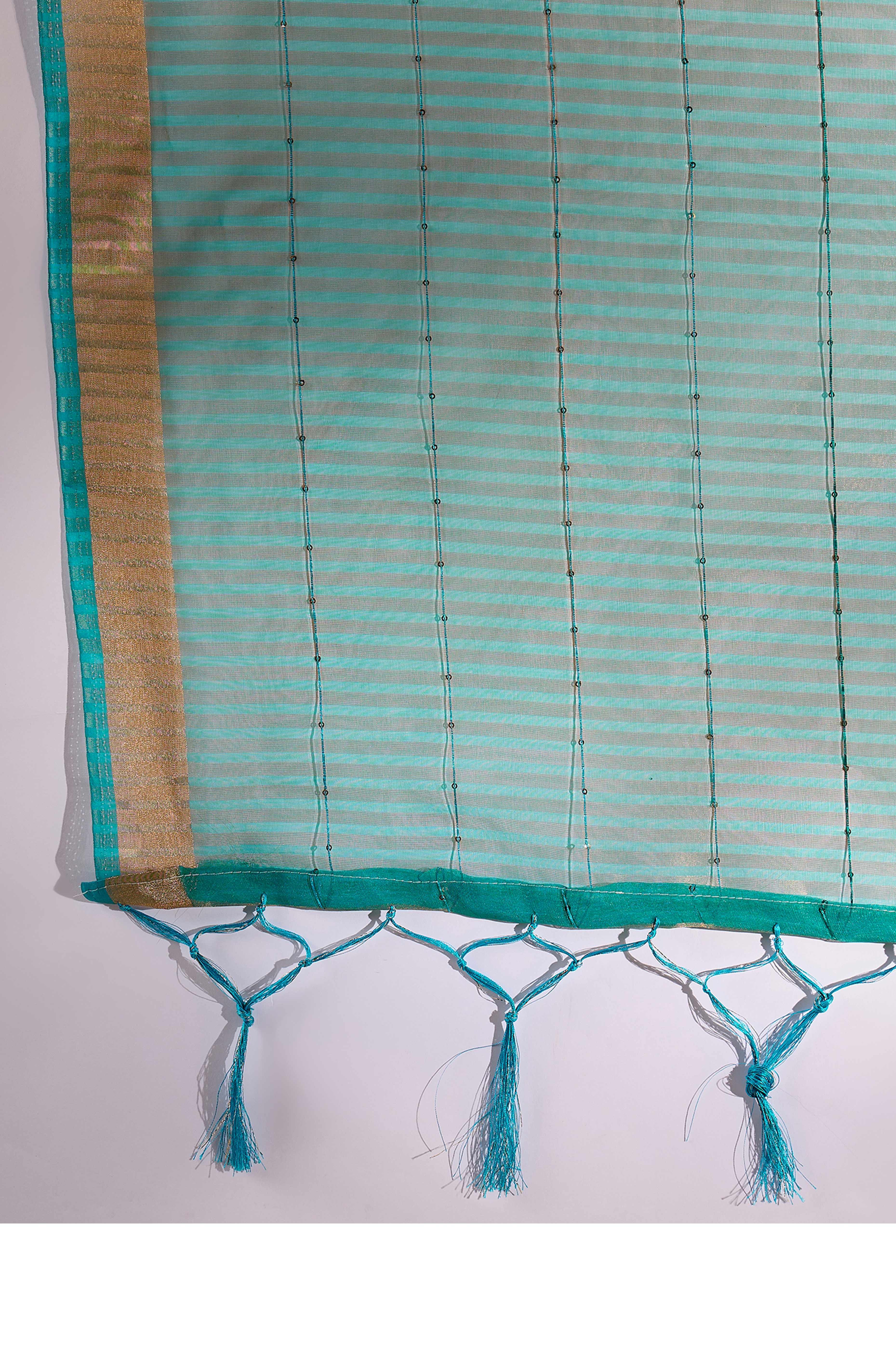 Teal Organza Silk Saree Featuring Shimmering Sequins Embroidery & Elegant Tasselled Pallu