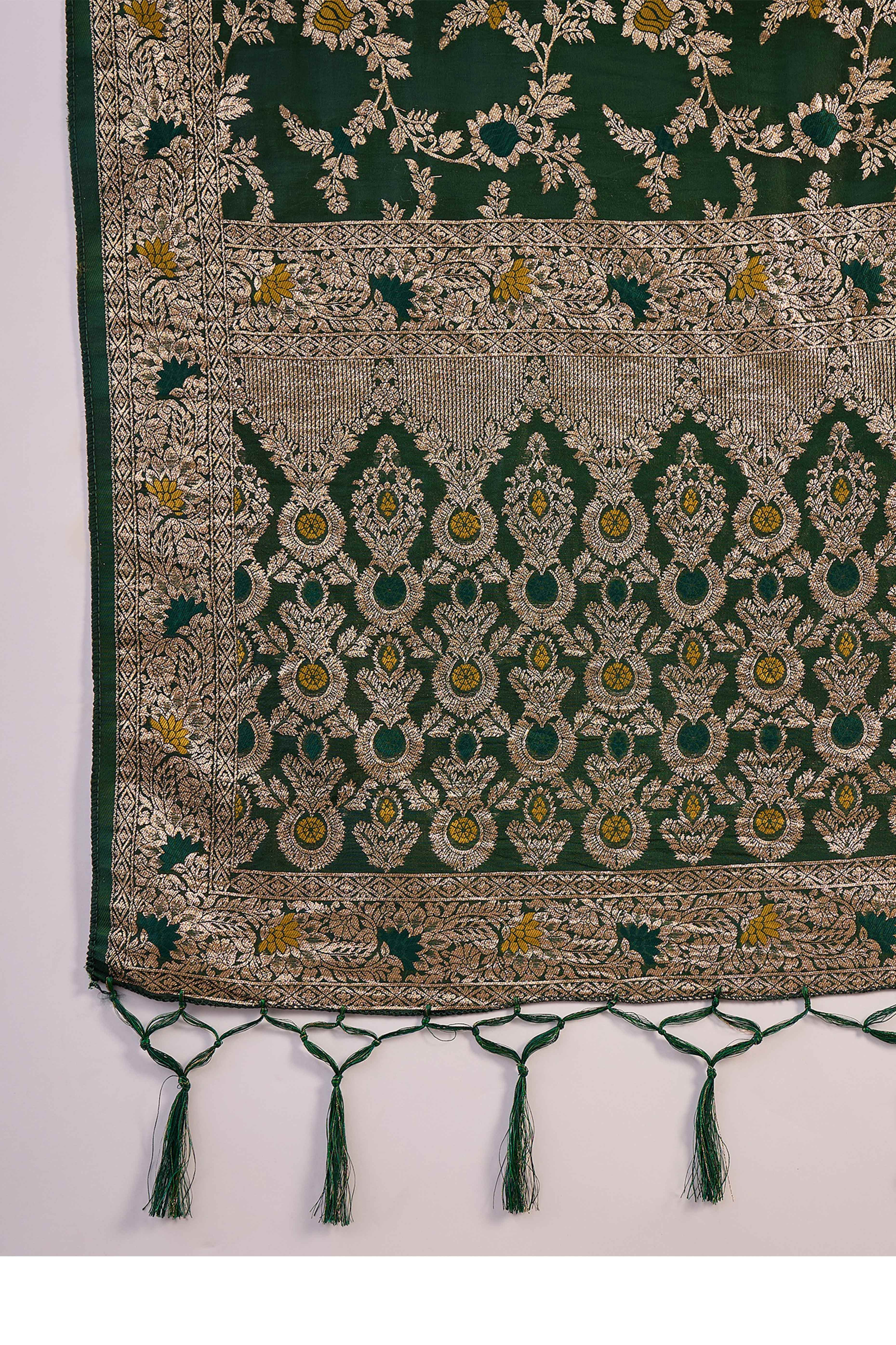 Green Cotton Meena Jacquard Saree Featuring Intricate Floral Weaving & Tassels On The Pallu