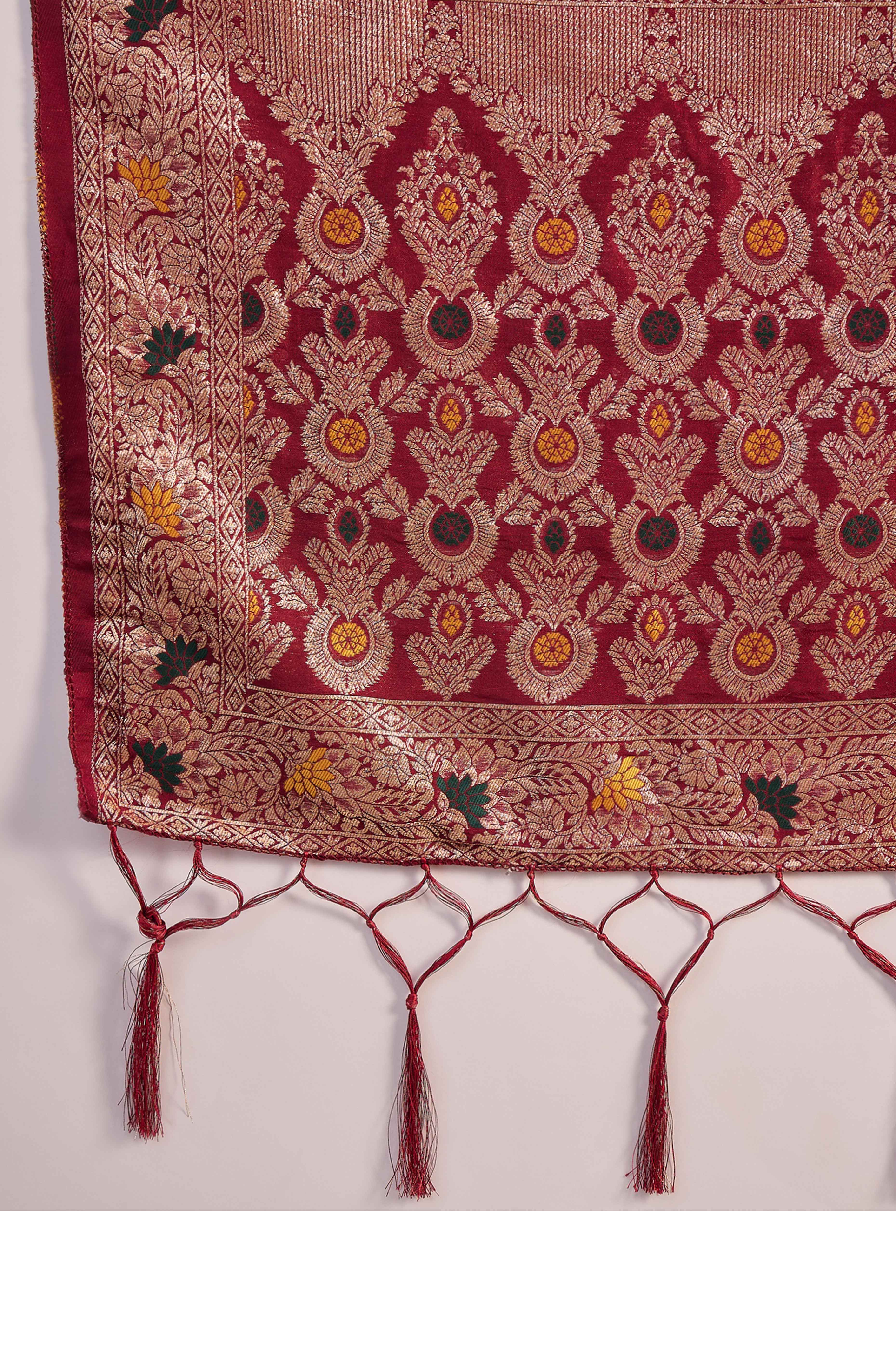 Maroon Cotton Meena jacquard Saree Featuring Intricate Floral Weaving & Tassels On The Pallu