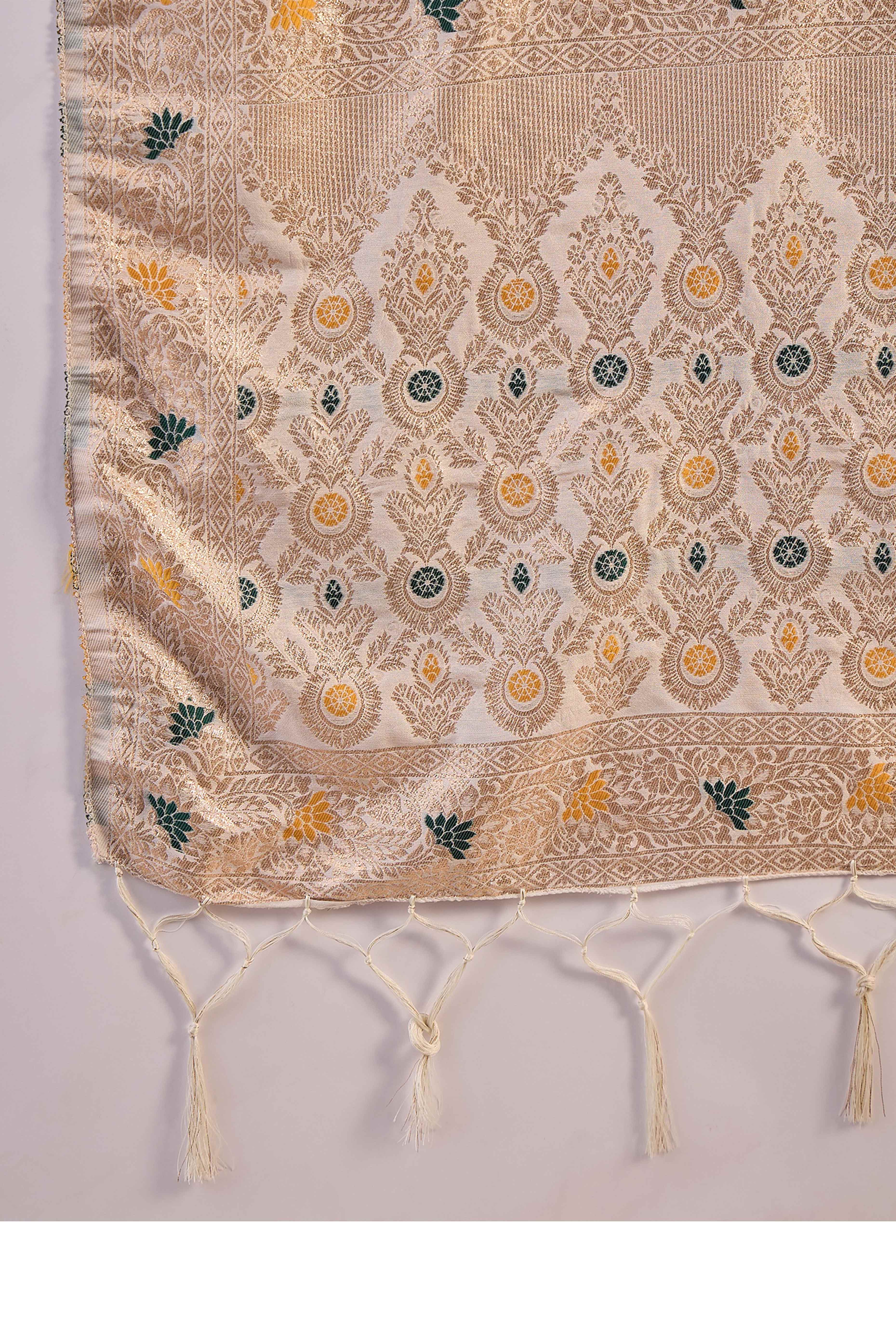 Offwhite Cotton Meena Jacquard Saree Featuring Intricate Floral Weaving & Tassels On The Pallu