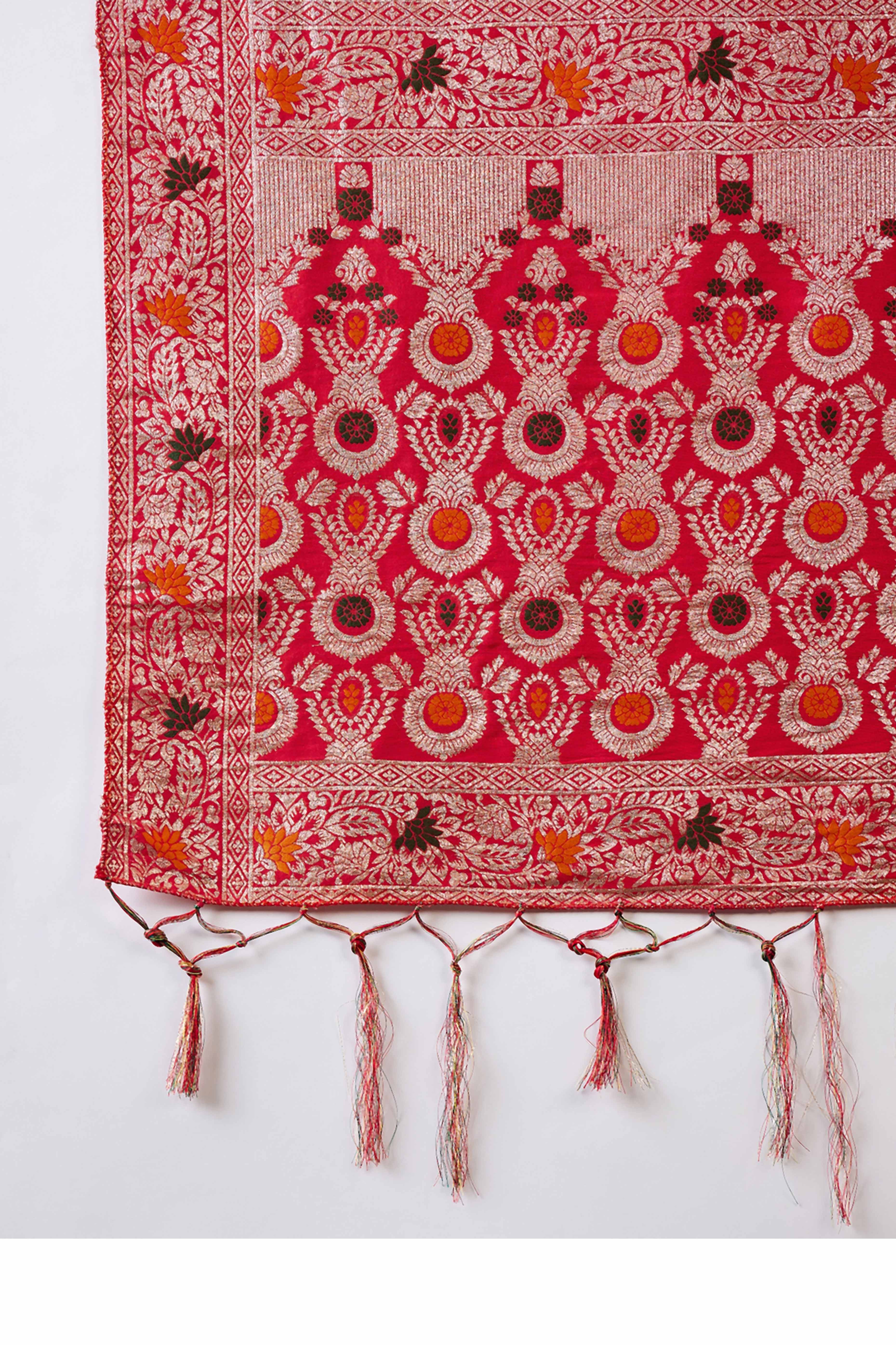 Red Cotton Meena jacquard Saree Featuring Intricate Floral Weaving & Playful Tassels On The Pallu