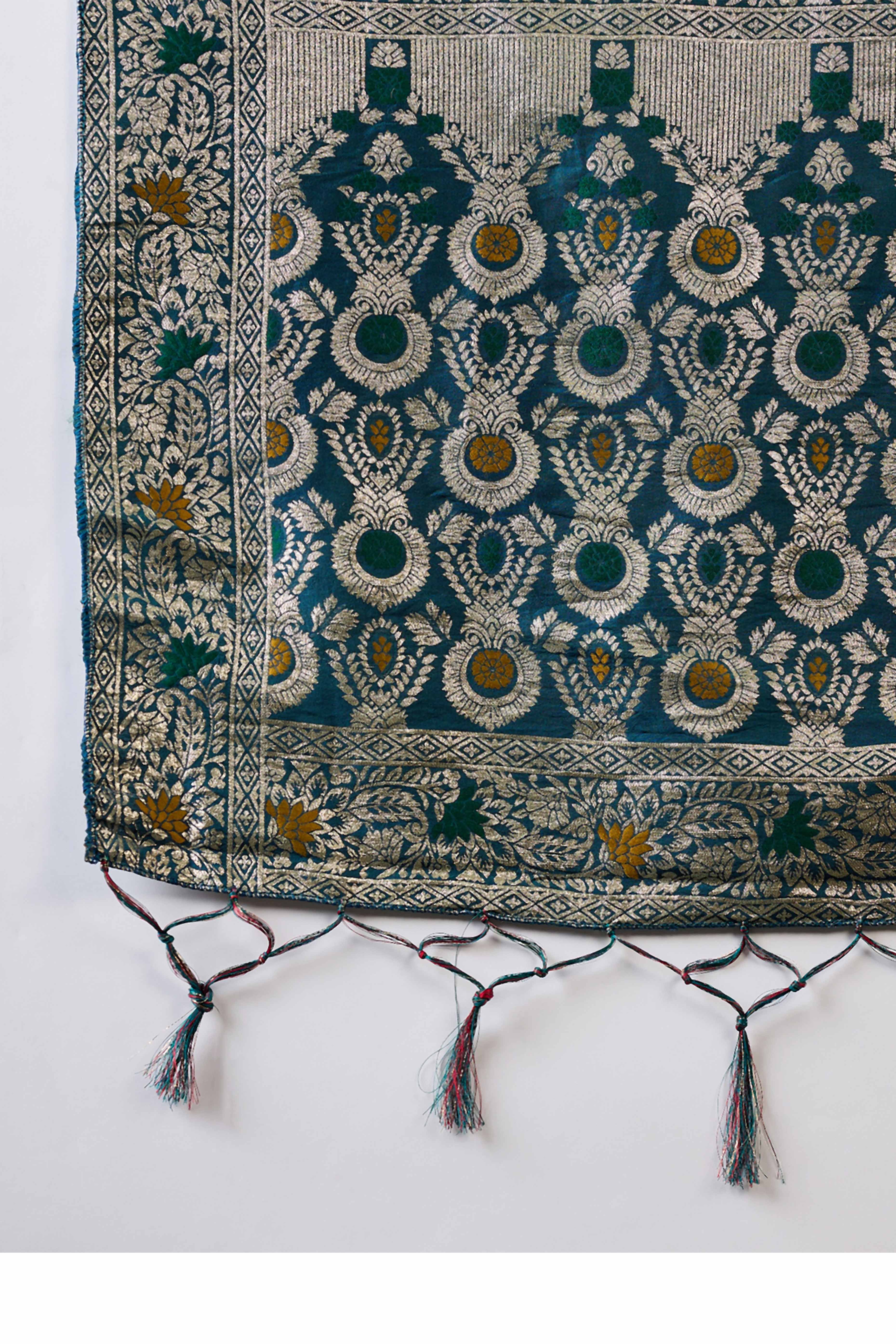 Teal Cotton Meena jacquard Saree Featuring Intricate Floral Weaving & Tassels On The Pallu