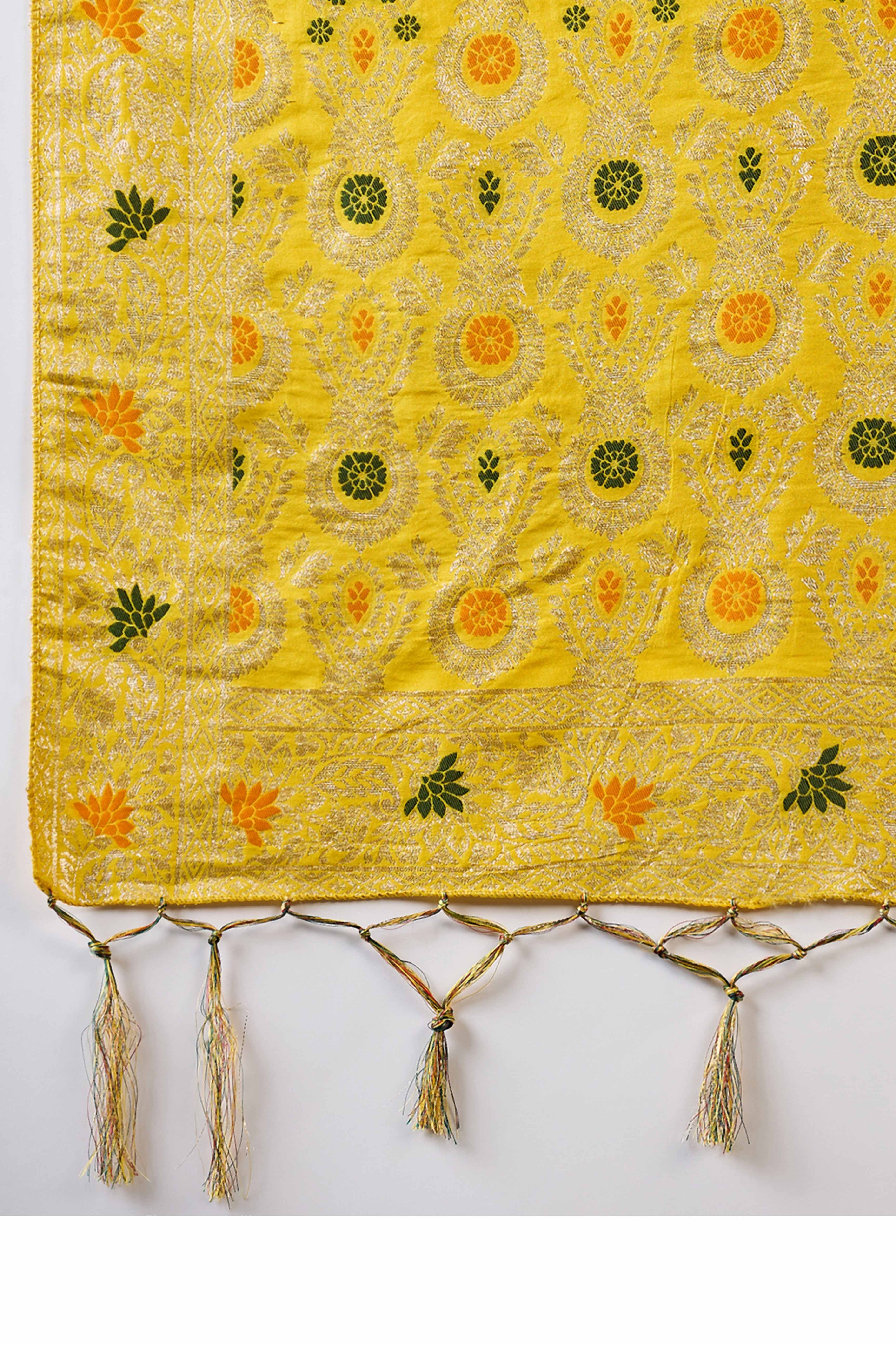 Yellow Cotton Meena jacquard Saree Featuring Intricate Floral Weaving & Tassels On The Pallu