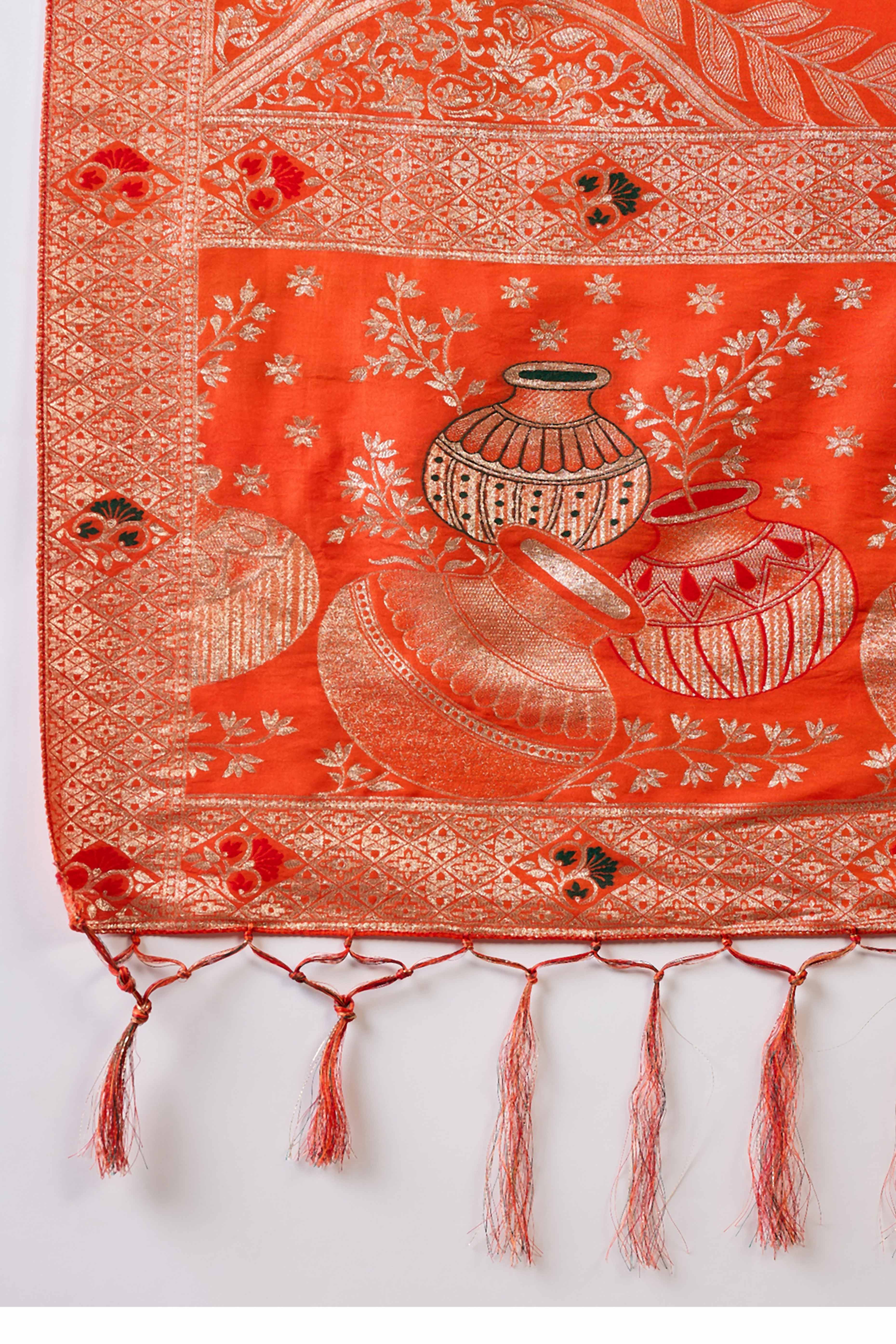 Orange Cotton Blend Saree Adorned With Floral Zari Weaving & Soft Tassel Accents