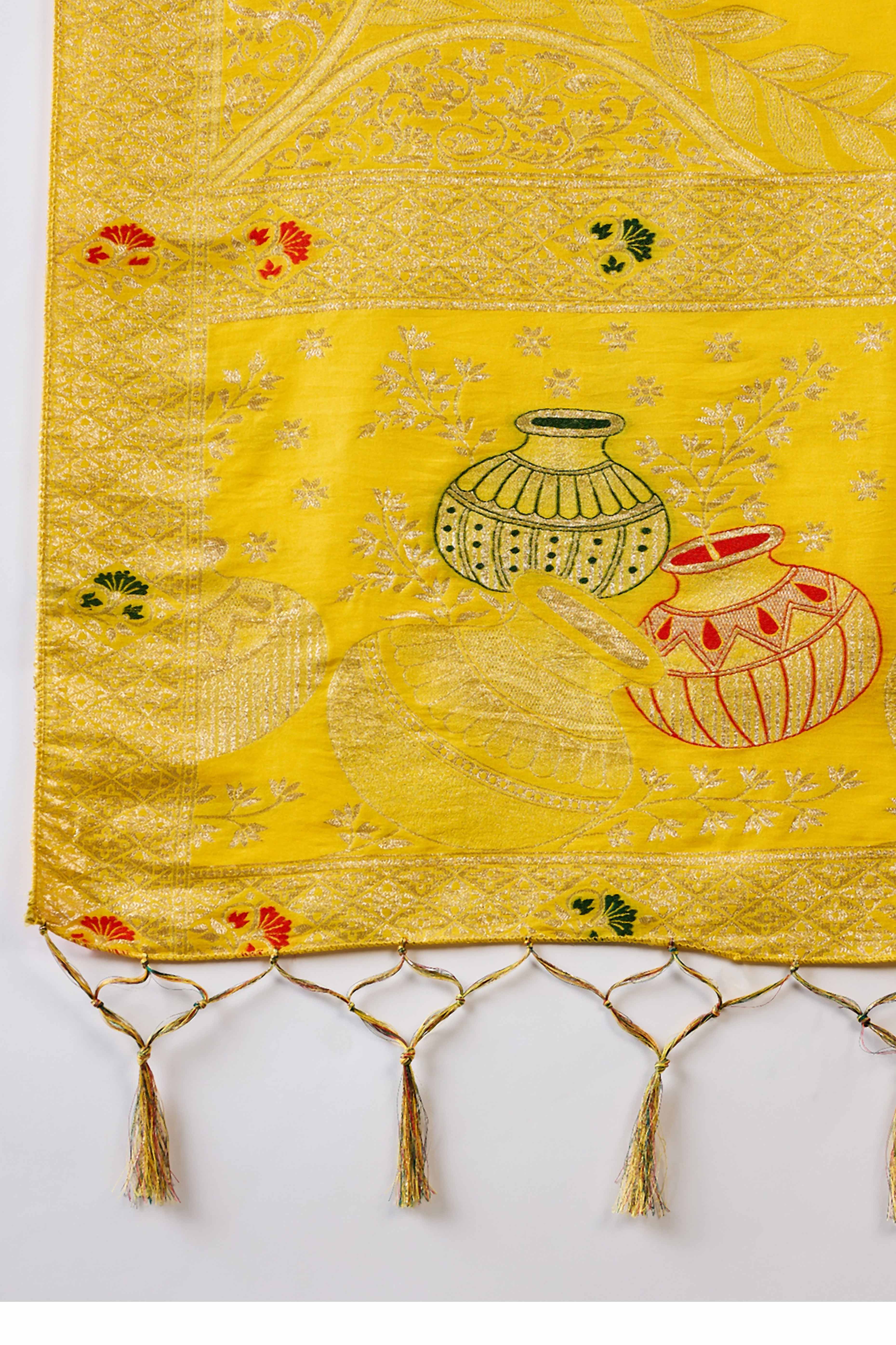 Yellow Cotton Blend Saree Adorned With Floral Zari Weaving & Soft Tassel Accents
