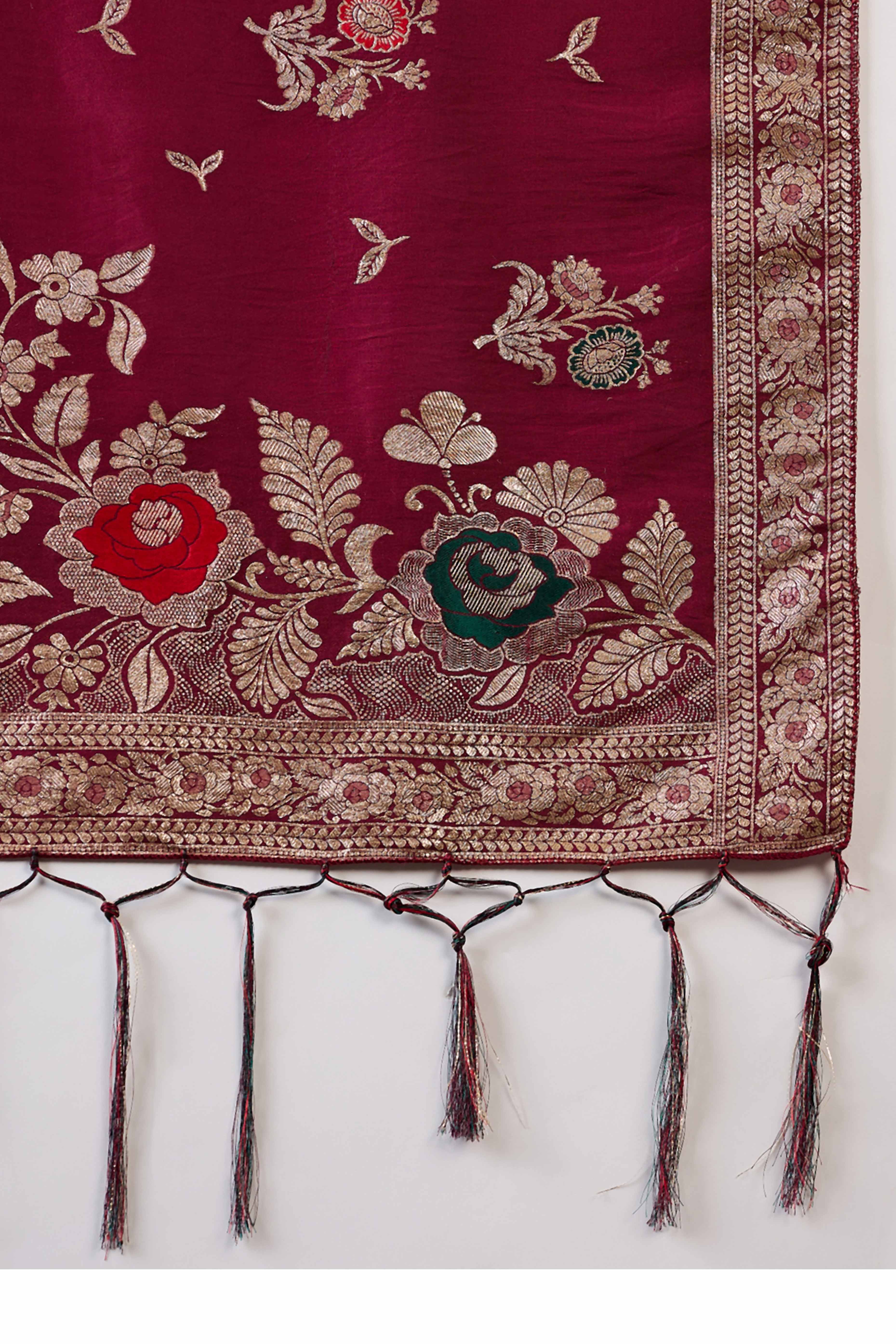 Burgundy Cotton Blend Saree Embellished With Floral Zari Weaving & Tasselled Pallu