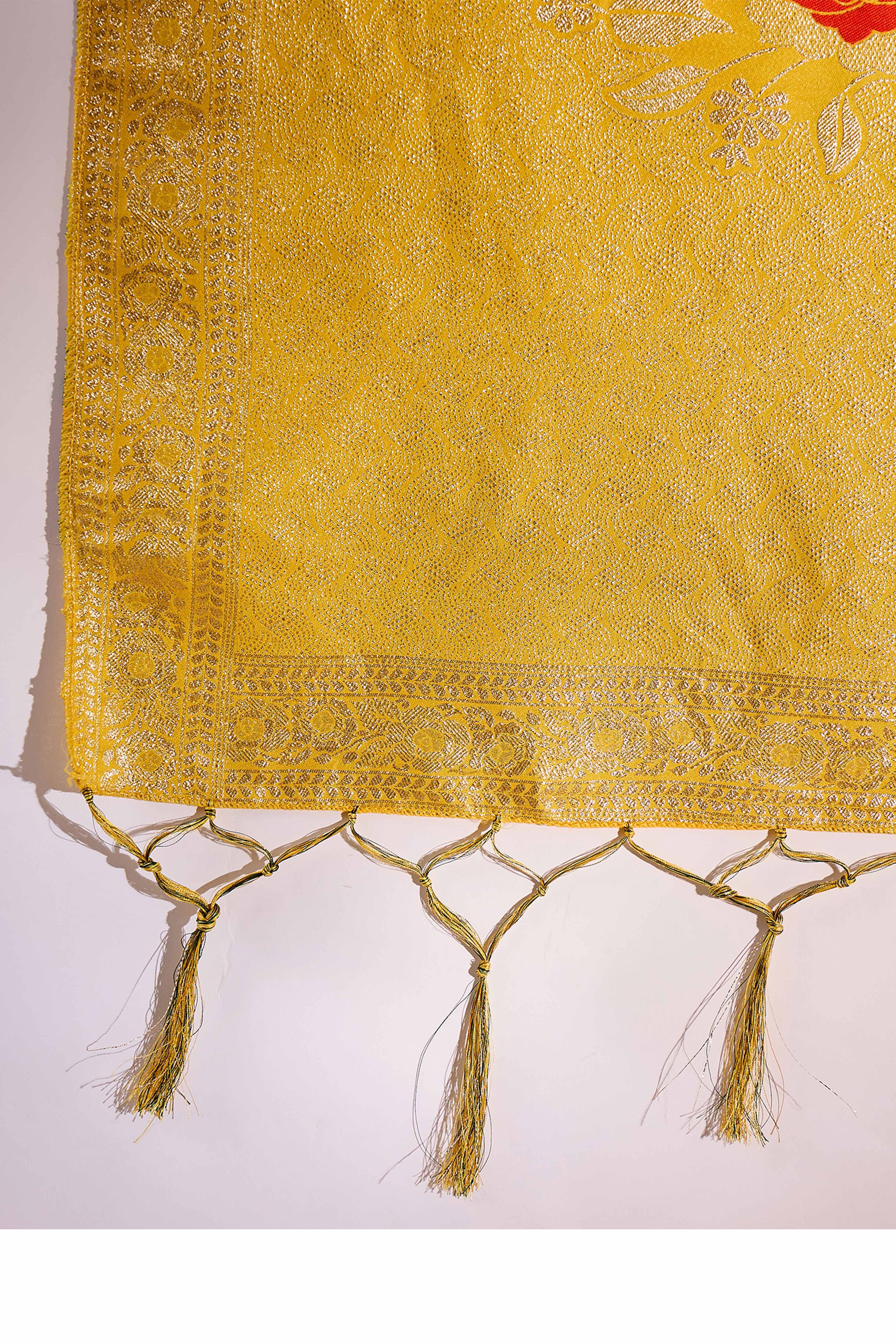 Yellow Cotton Blend Saree Embellished With Floral Zari Weaving & Tasselled Pallu