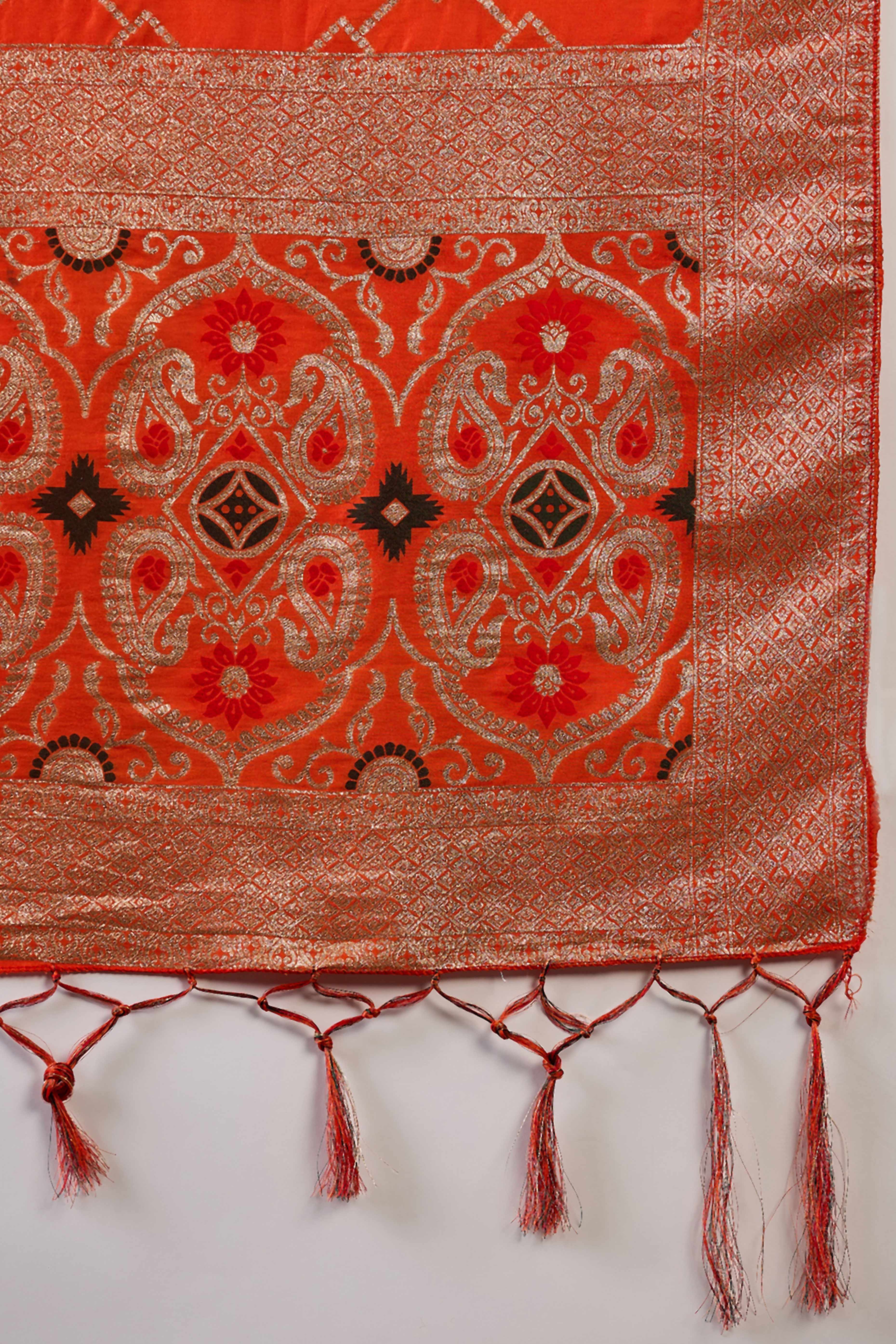 Orange Zari Woven Staple Cotton Blend Saree With Floral Motifs & Tassel Detailed Pallu