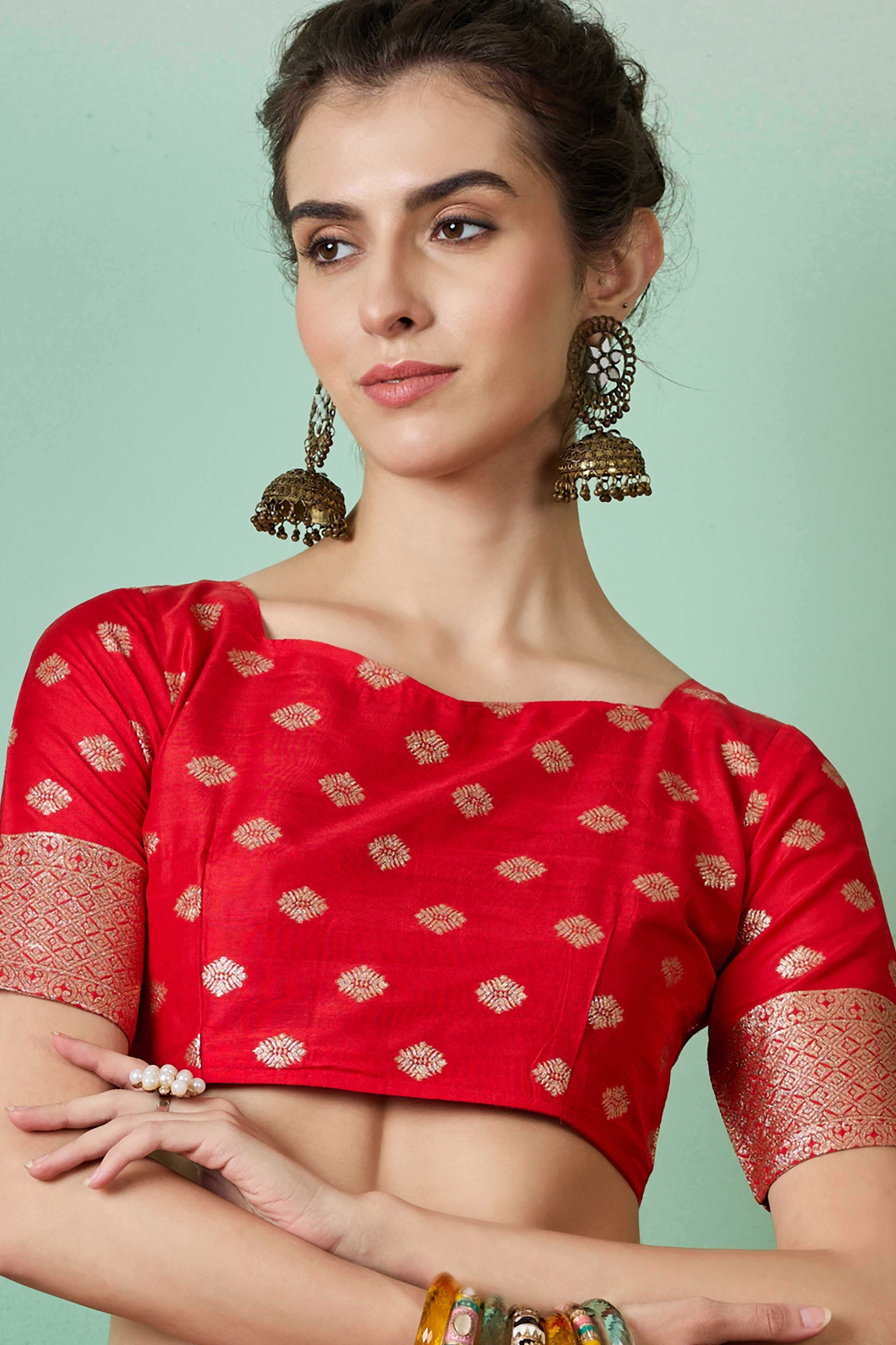 Red Zari Woven Staple Cotton Blend Saree With Floral Motifs & Tassel Detailed Pallu