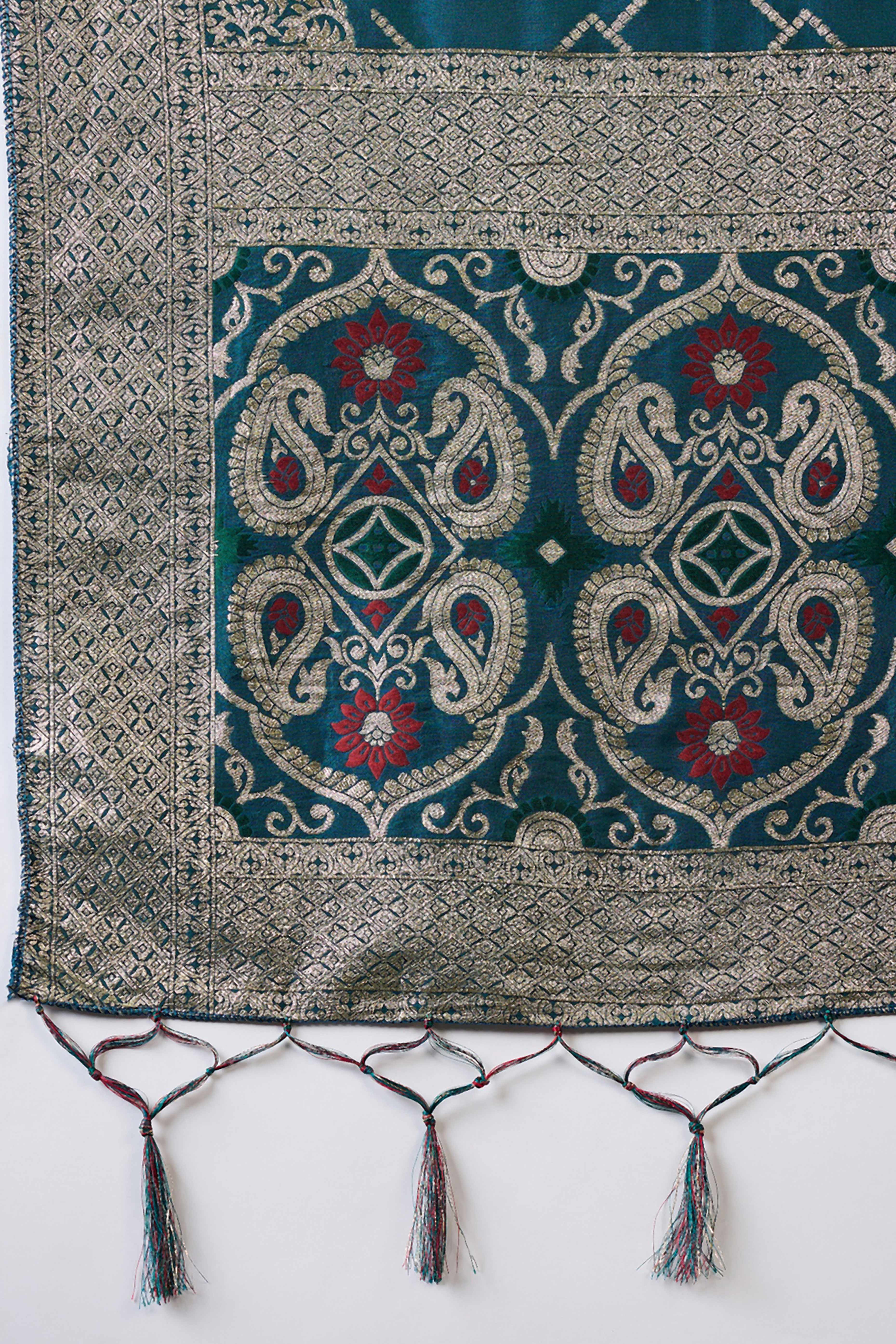 Teal Zari Woven Staple Cotton Blend Saree With Floral Motifs & Tassel Detailed Pallu