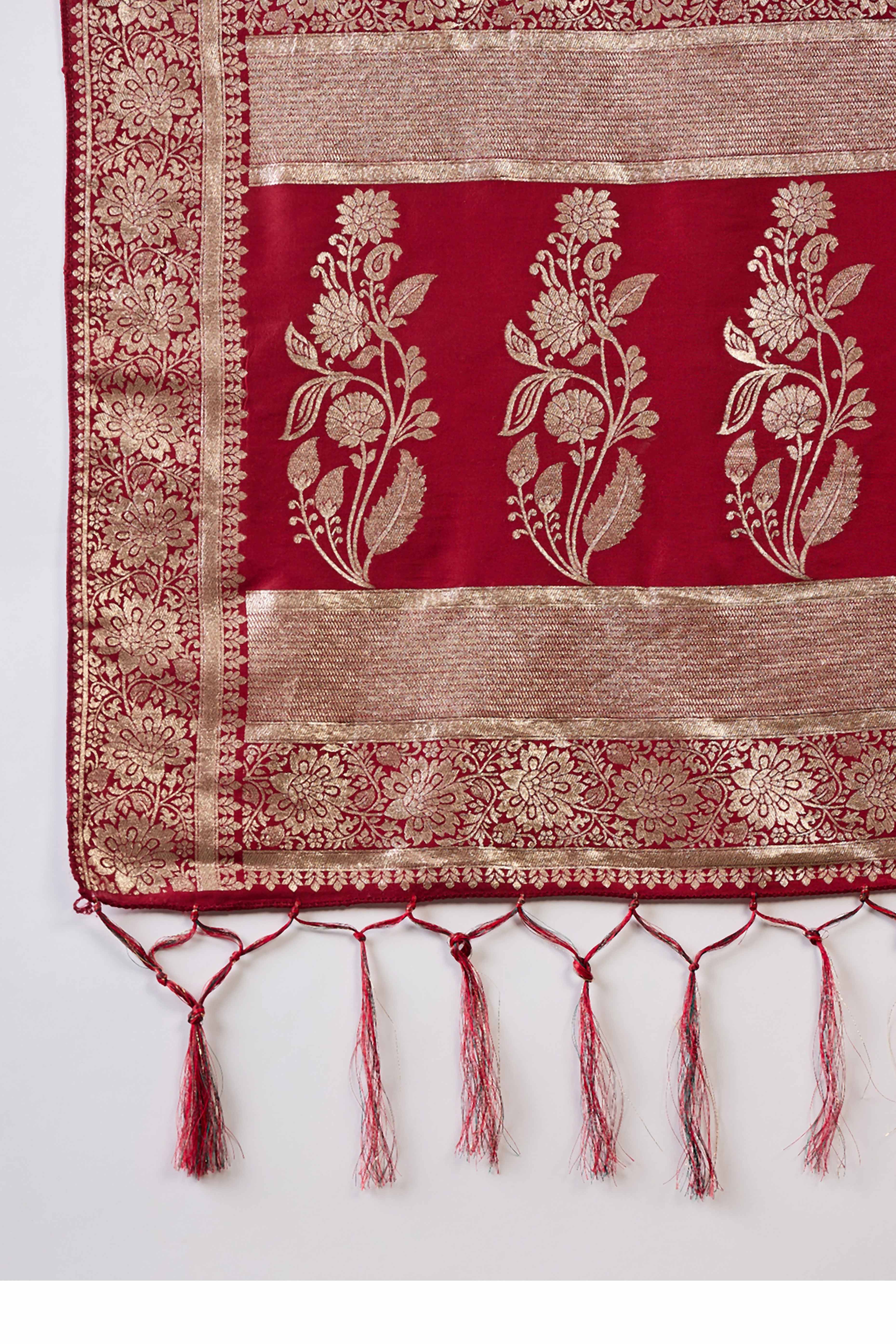 Maroon Cotton Blend Jacquard Saree Adorned With Floral Weaving & Graceful Tassel Pallu