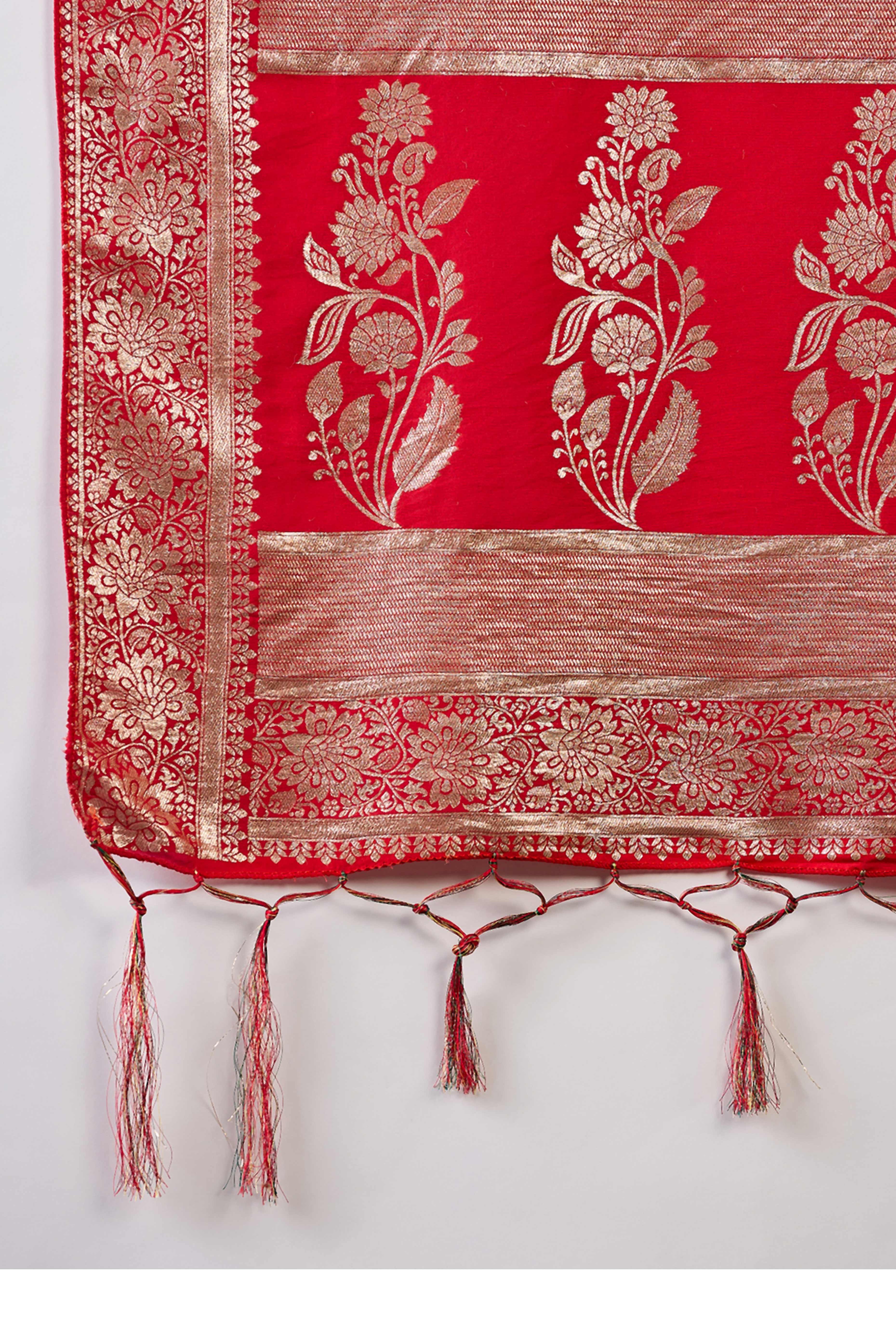 Red Cotton Blend Jacquard Saree Adorned With Floral Weaving & Graceful Tassel Pallu