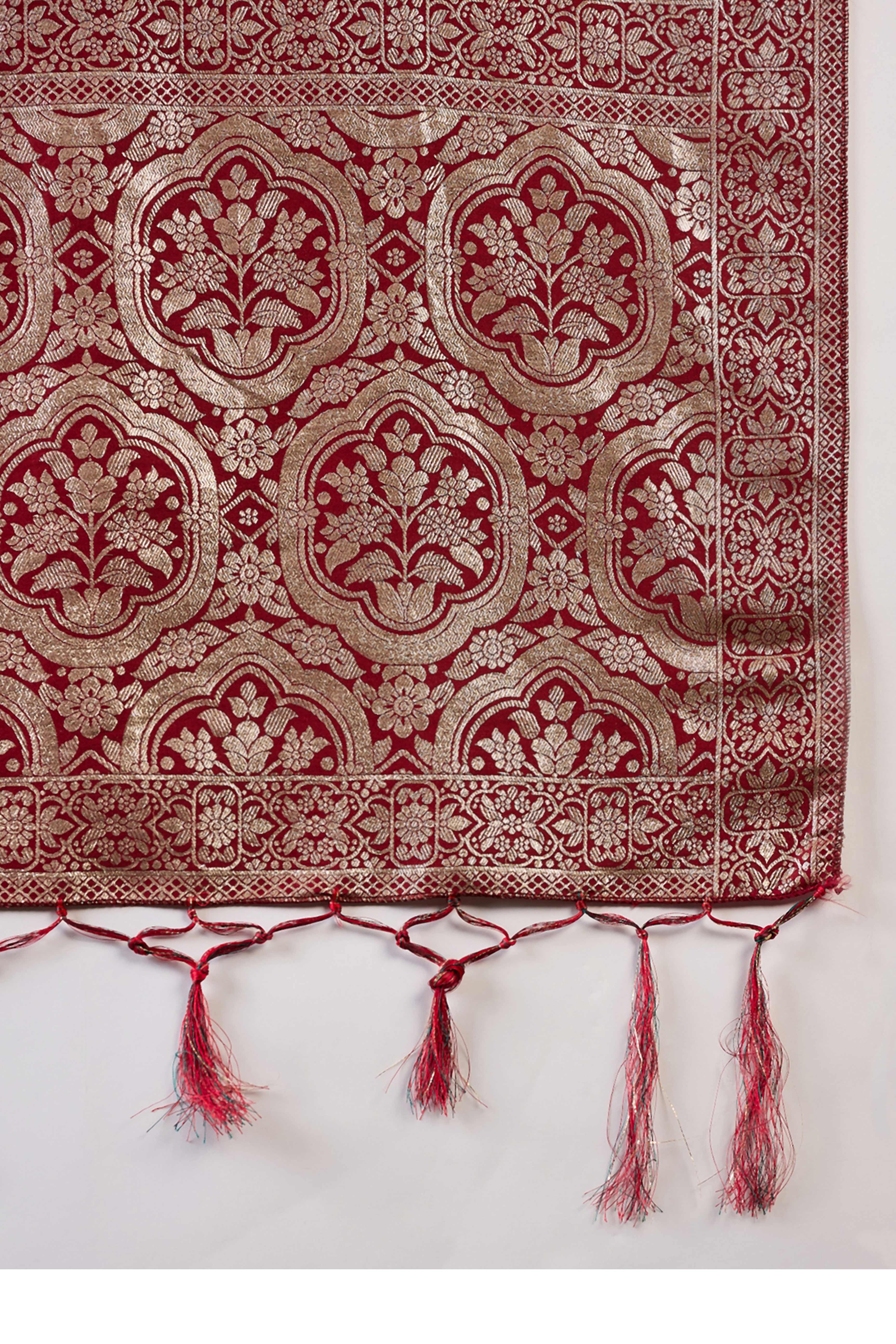 Maroon Jacquard Saree In Cotton Blend Featuring Elegant Floral Weaving & A Tasselled Pallu