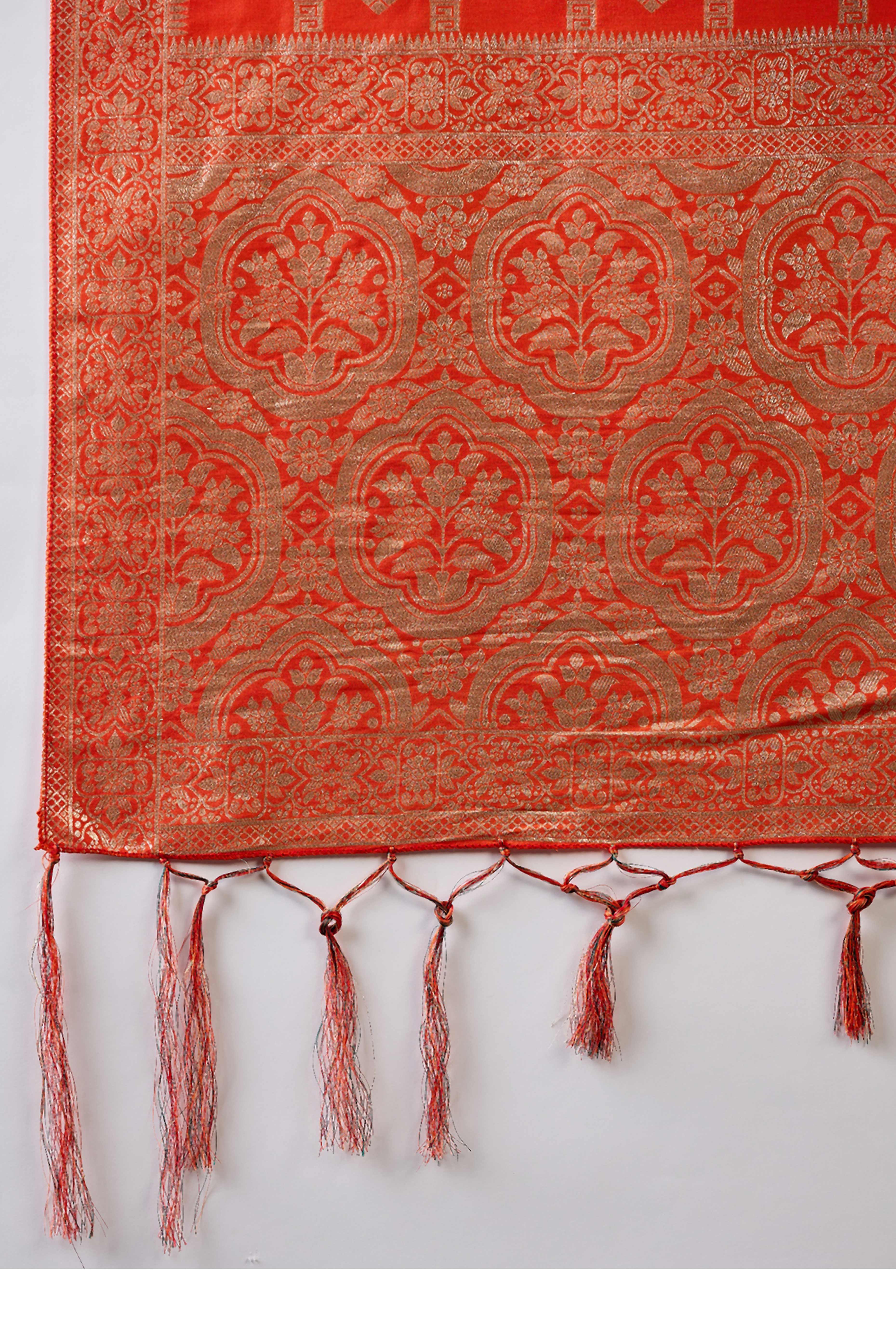 Orange Jacquard Saree In Cotton Blend Featuring Elegant Floral Weaving & A Tasselled Pallu