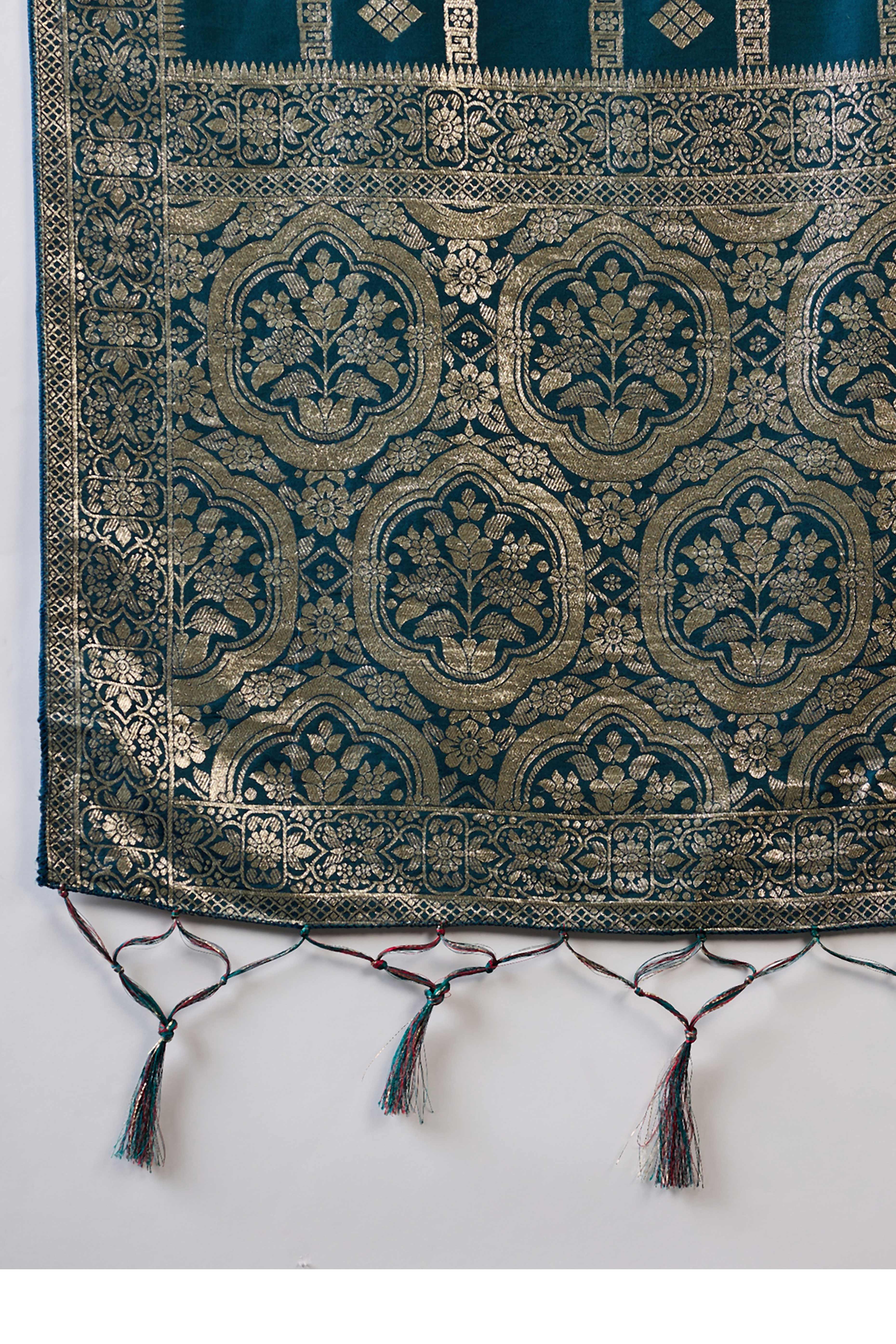 Rich Teal Blue Jacquard Saree In Cotton Blend Featuring Elegant Floral Weaving & A Tasselled Pallu