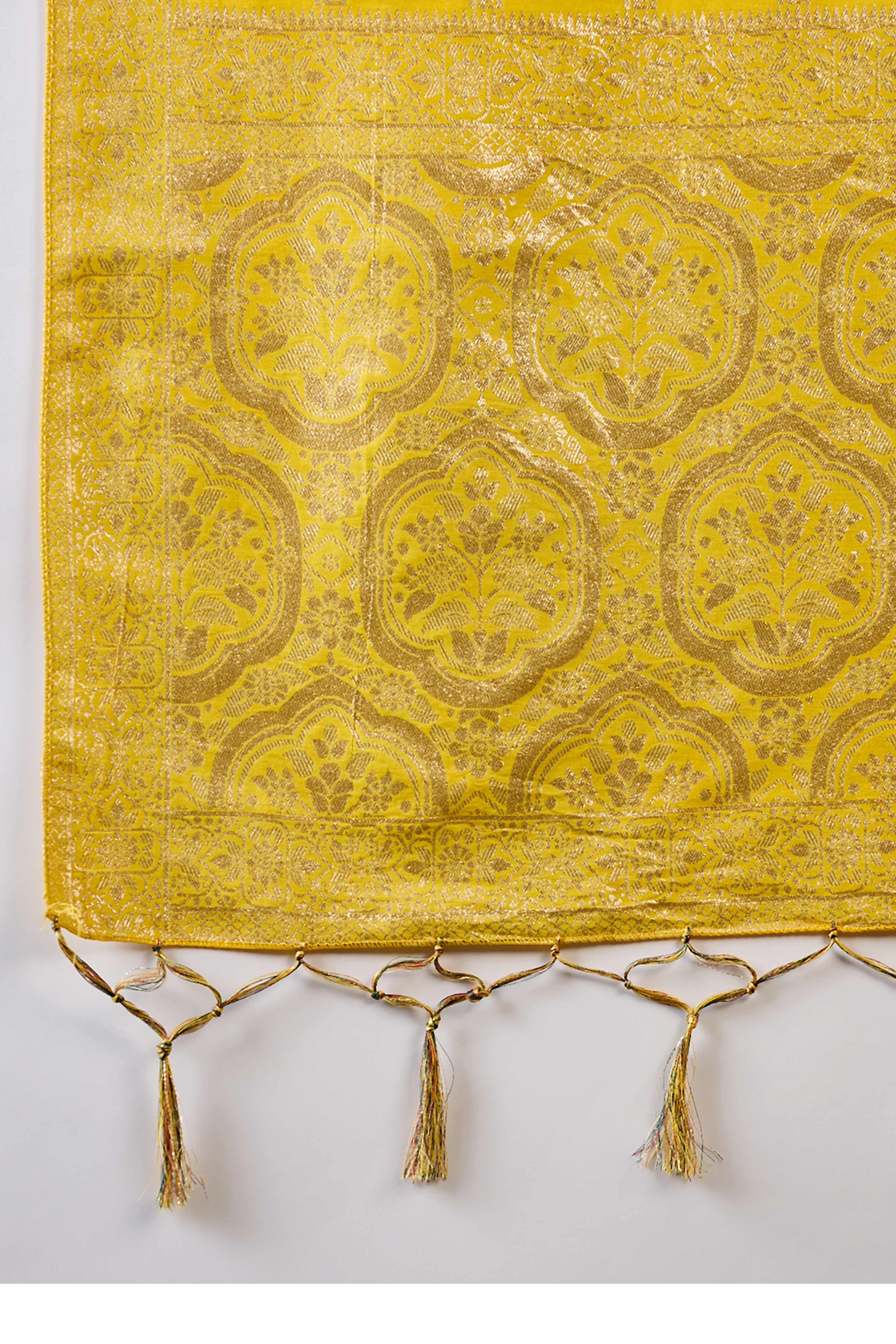 Yellow Jacquard Saree In Cotton Blend Featuring Elegant Floral Weaving & A Tasselled Pallu